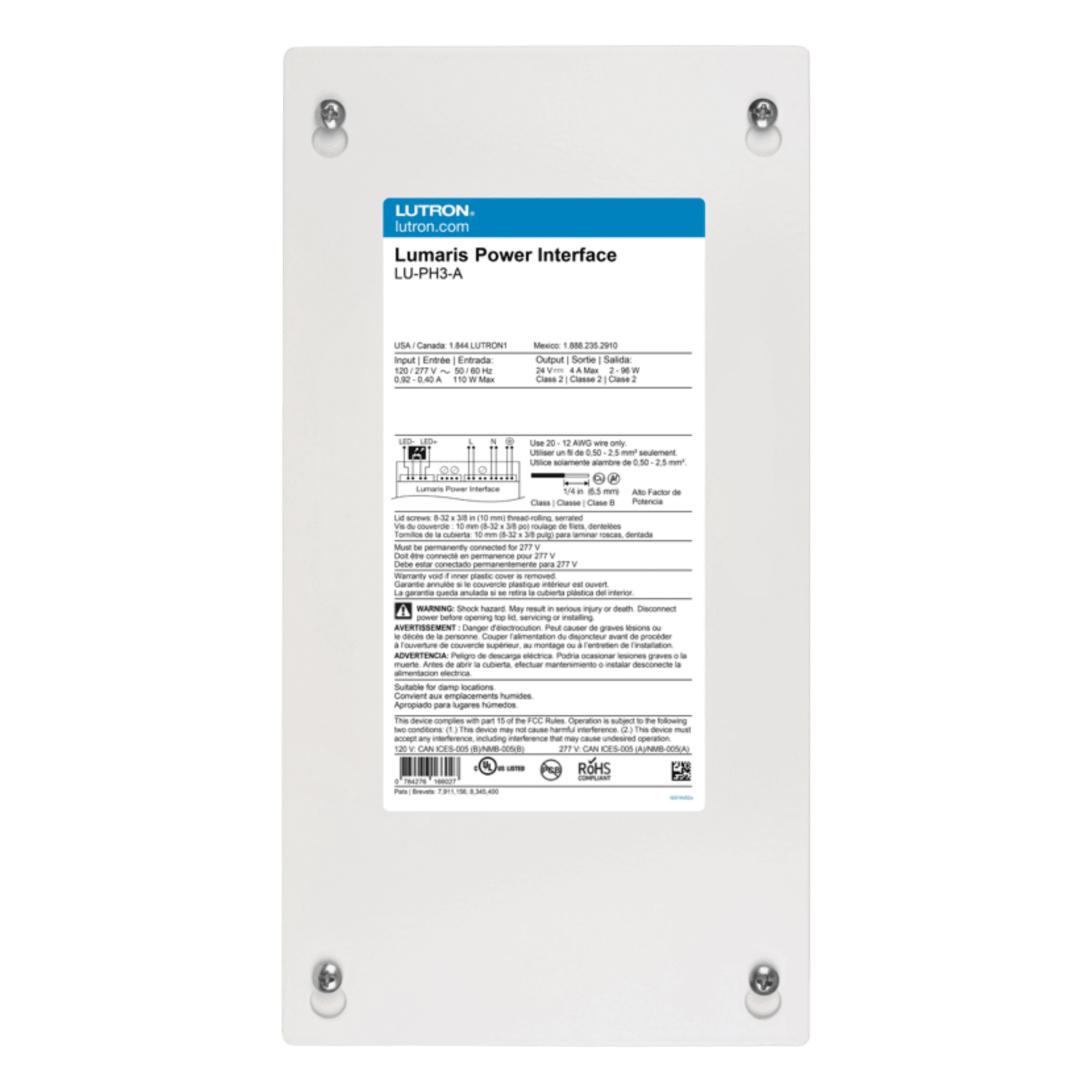 Interfaz de alimentación cableada para tira LED Lumaris, hasta 3 controladores inalámbricos, sistema RadioRA 3 — LUTRON RADIORA 3 · SKU LUPH3A