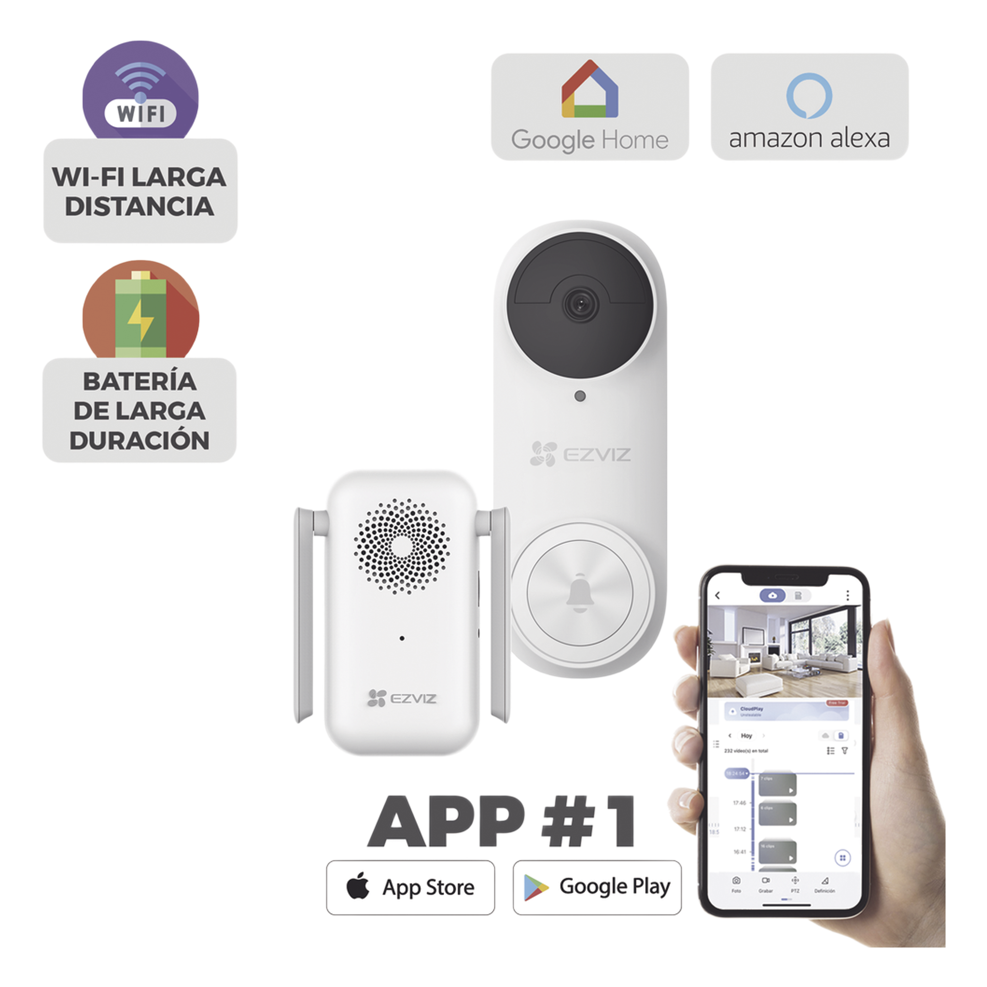 Timbre con Cámara Wi-Fi (Doorbell) de Batería Recargable / Libre de Cables / Uso Exterior Con Protección (IP65) / Cámara 3 Megapíxel / Llamada a la App / Incluye Timbre Para Interior Con Timbres Seleccionables / Ranura — EZVIZ · SKU CS-DB2KIT