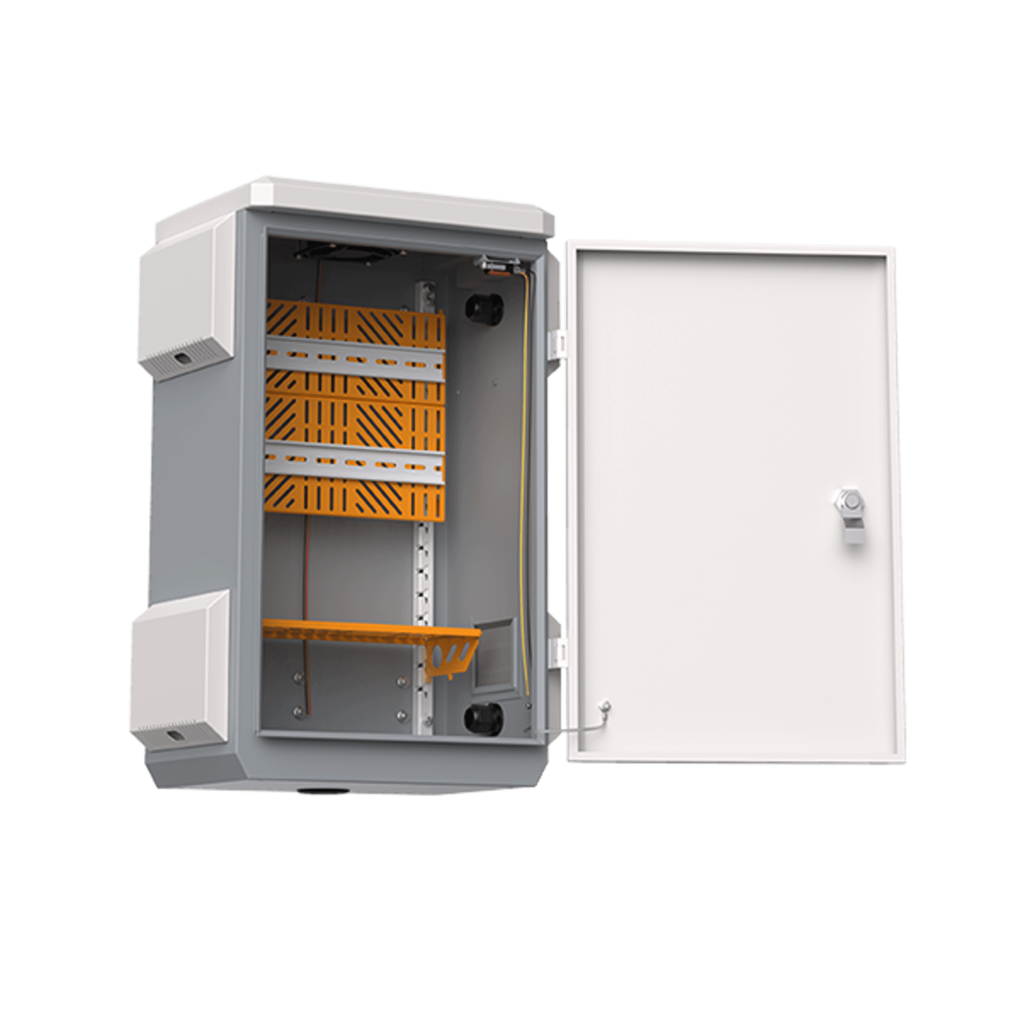 Gabinete de Acero Ventilado para Exterior 680 x 480 x 315 mm con Rieles DIN y 4 Placas Laterales para Montaje de Equipos por Fuera