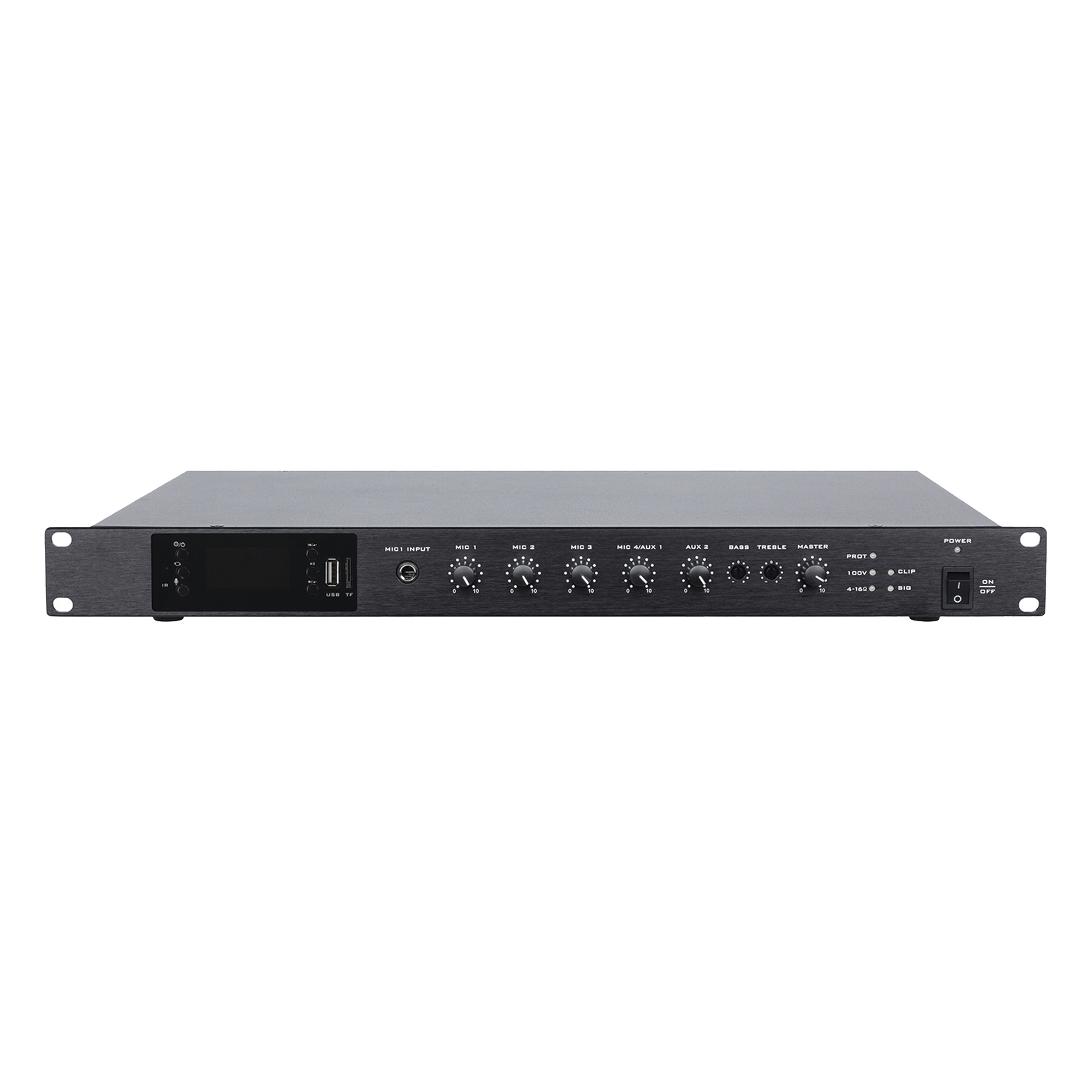 Amplificador de Audio | 1 canal | 350 W | Sistema 100V y Baja Impedancia | 4 Entradas de Micrófono Balanceadas | Bluetooth | USB | SD | FM | Montaje en Rack — EPCOM PROAUDIO · SKU EP-B350DTB