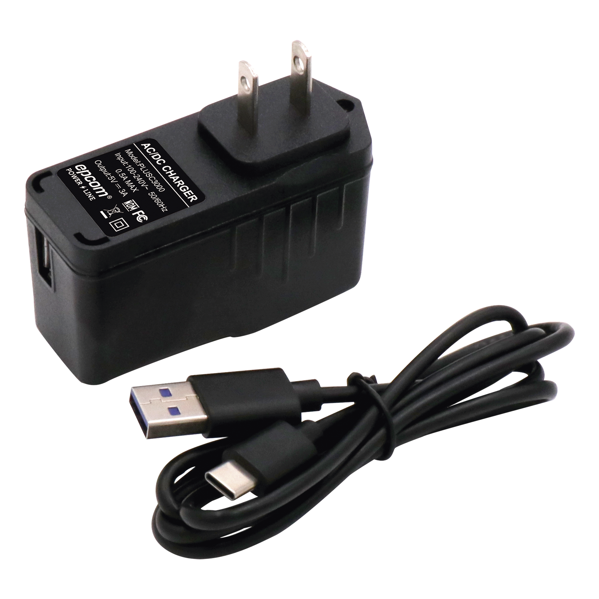 Adaptador de pared de 5 Vcc, @ 3 A con micro-USB tipo C — EPCOM POWERLINE · SKU PLUSC3000