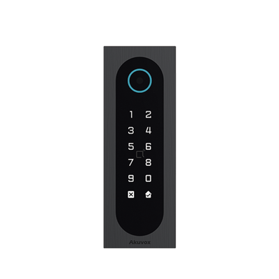 Control de Acceso Slim Akuvox A08S / Aluminio y Vidrio Templado / IP65 & IK09 / Capacidad para 20,000 Tarjetas / Métodos de Acceso Multi (QR, Bluetooth, PIN, RFID) / Soporta Wiegand / 1 Salida de Relay