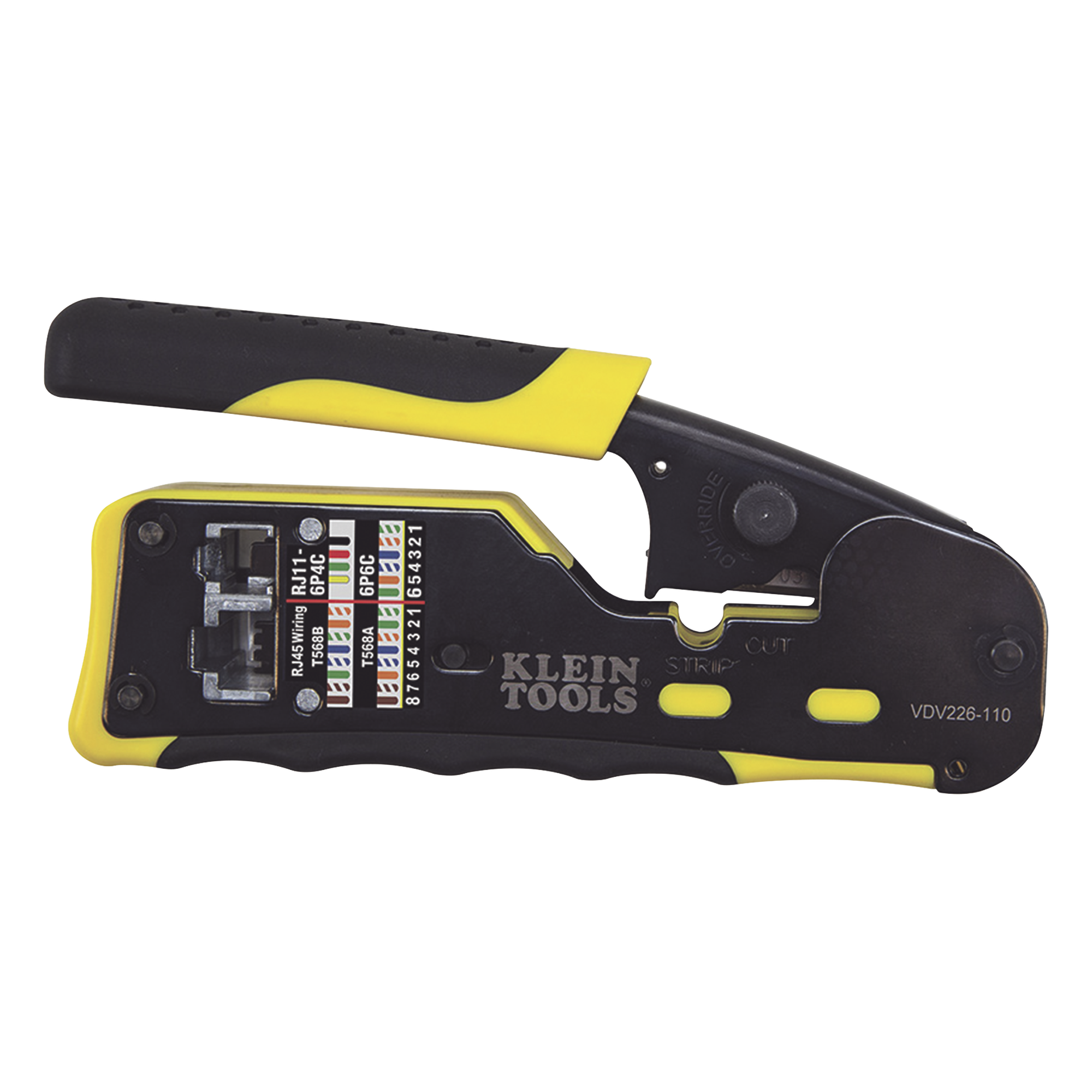 Ponchadora/Pelacables/Cortacables con Matraca para Conectores Pass-Thru RJ45 y Conectores Estándar RJ11/RJ12. — KLEIN TOOLS · SKU VDV226-110