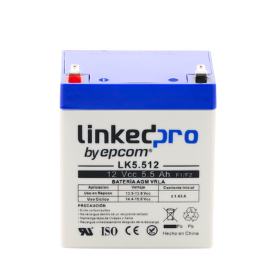 Batería de respaldo 12 V | 5.5 Ah | AGM | Especial para Seguridad Electrónica | UPS | Sistemas de Emergencia | Vida útil 5 años | Terminales F1 + Adaptador F2