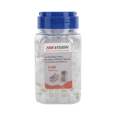 Bote con 100 Piezas de Plug Modular RJ45 / Cat 6 / Chapado en Oro a 15 Micras / Sin Blindaje / Facil Instalación / Uso Interior / Soporta Norma TIA-568B / Cumple con RoHS 2.0 — HIKVISION · SKU DS-1M6UA-15U