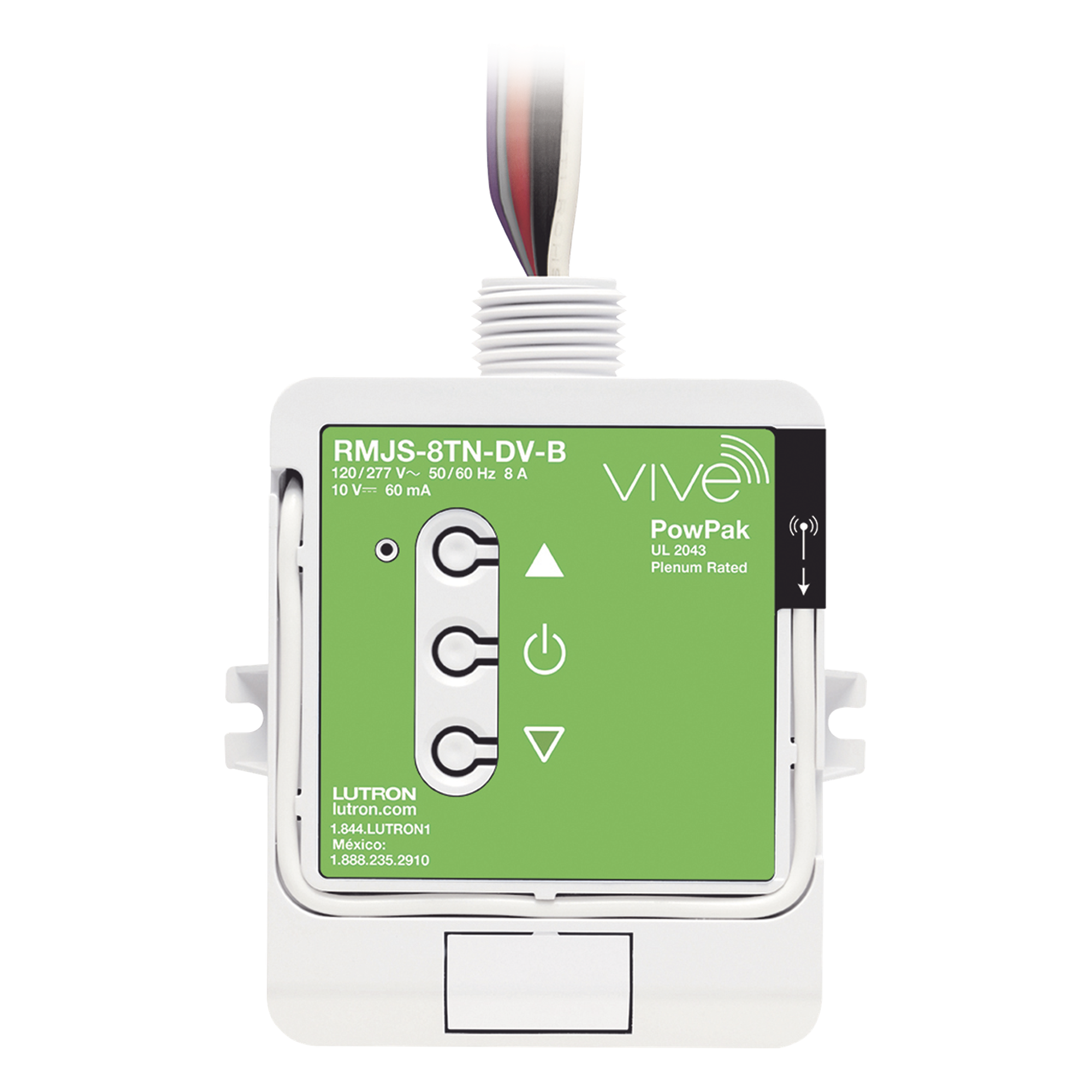 Módulo de atenuación PowPak inalámbrico con control 0-10 V de hasta 60 mA e interruptor de 8 A, 120/277 V, tecnología Clear Connect RF, compatible con hub Vive de Lutron — LUTRON ELECTRONICS · SKU RMJS8TNDVB