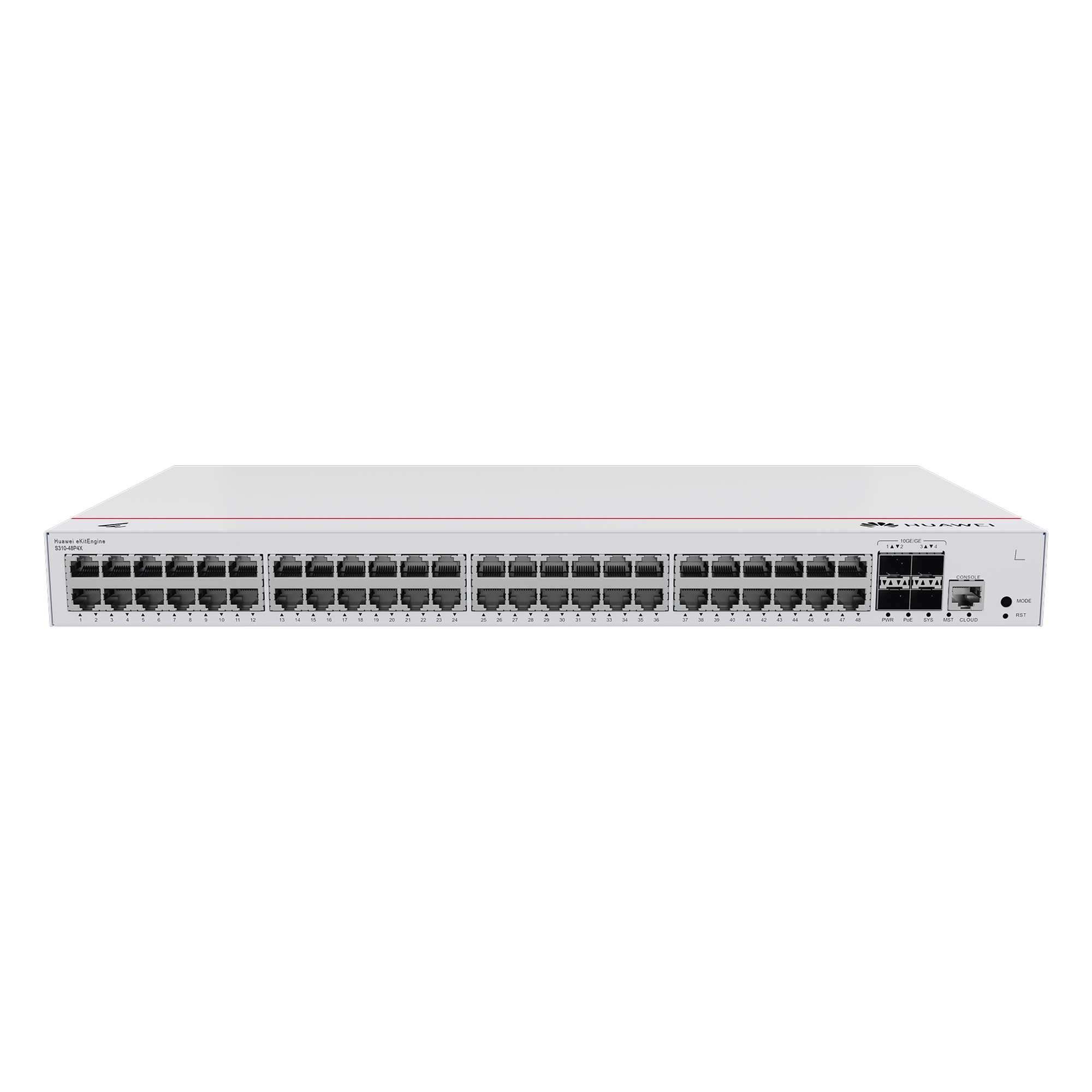 Switch de Distribución/Core Gigabit Administrable PoE Capa 3 / 48 puertos 10/100/1000 Mbps (PoE) / 4 Puertos 10GE SFP+ Uplink / ERPS / Rutas Estáticas / iStack / PoE Perpetuo / 380W / Administración Nube Gratis — HUAWEI · SKU S310-48P4X