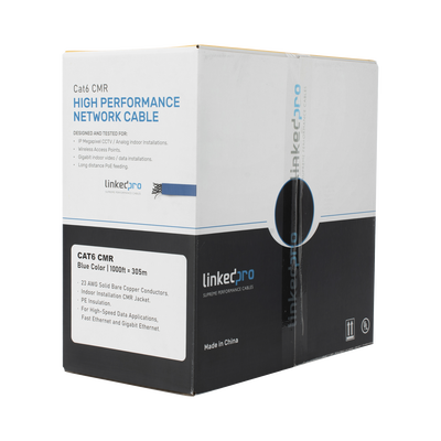 Bobina de Cable de 305 Metros (1000 Pies) Cat6+, CMR, Calibre 23 Alto Rendimiento, ETL, UL, Color Azul, Super Flexible, para Aplicaciones de Video Vigilancia, Video HD, y Redes de Datos. Uso Interior.