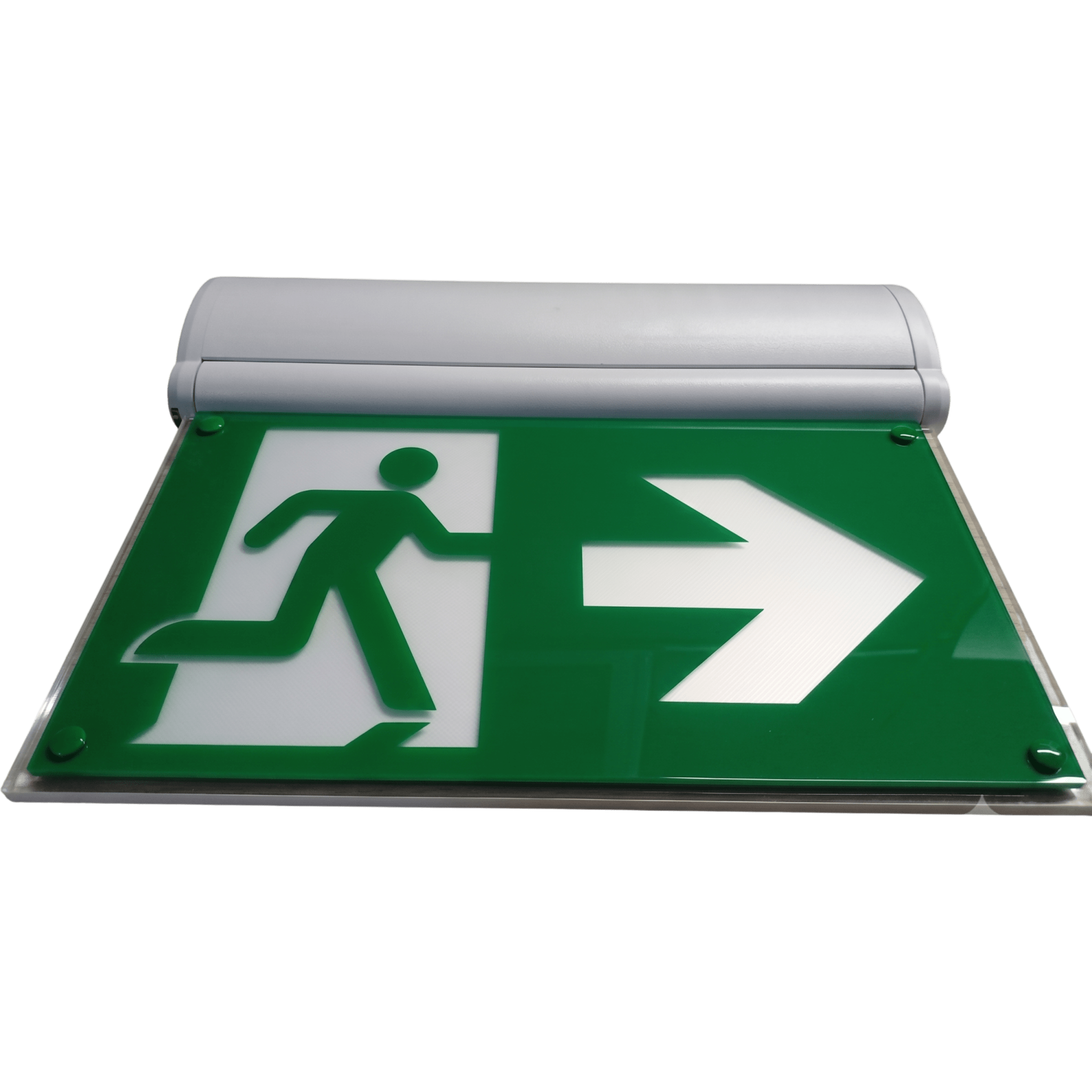 Señal de Salida de Emergencia / LED Edge-Lit / Pictograma Hombre Corriendo / Voltaje Universal 120-347 VAC / Autonomía 2 Horas / Carcasa 5VA — SFIRE · SKU SF-4CTW