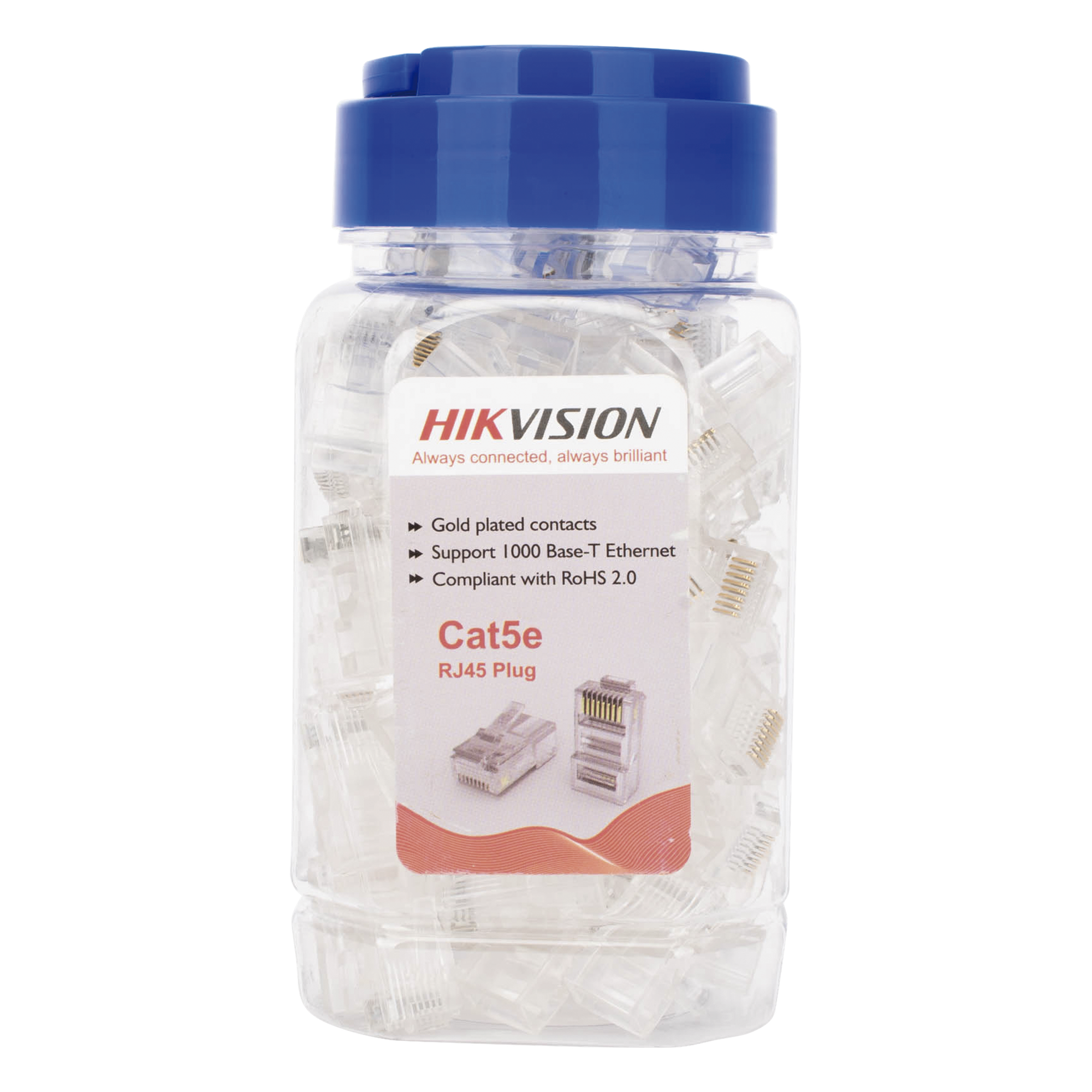 Bote con 100 Piezas de Plug Modular RJ45 / Cat 5e / Chapado en Oro a 30 Micras / Sin Blindaje / Fácil Instalación / Uso Interior / Soporta Norma TIA-568B / Cumple con RoHS 2.0 — HIKVISION · SKU DS-1M5EUA-30U