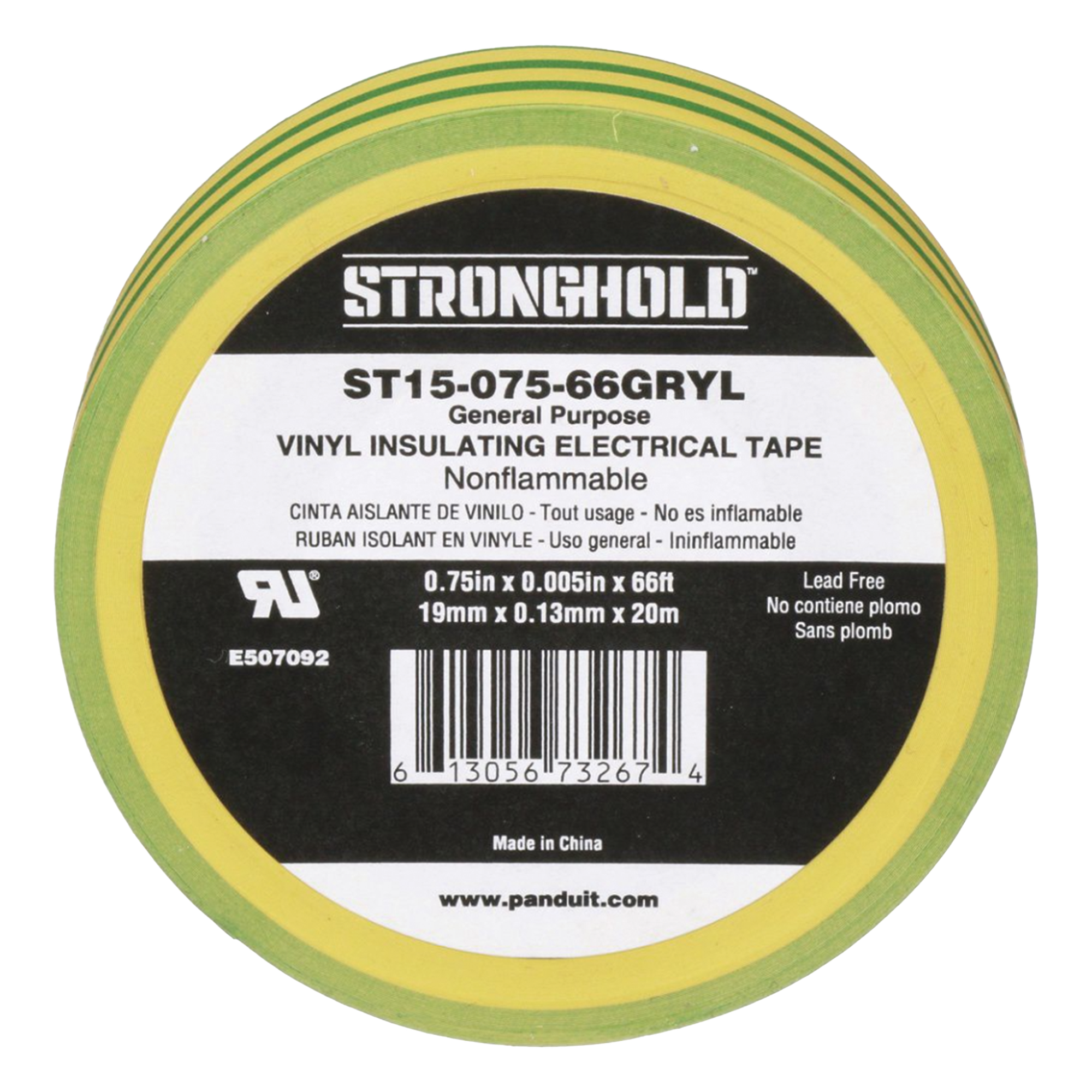 Cinta Eléctrica STRONGHOLD para Aislar, de PVC, Uso Construcción General en Tierras Físicas, Grosor de 0.13 mm (5 mil), Ancho de 19.05 mm, y 20.12 m de Largo, Color Amarillo/Verde. — PANDUIT · SKU ST15-075-66-GRYL