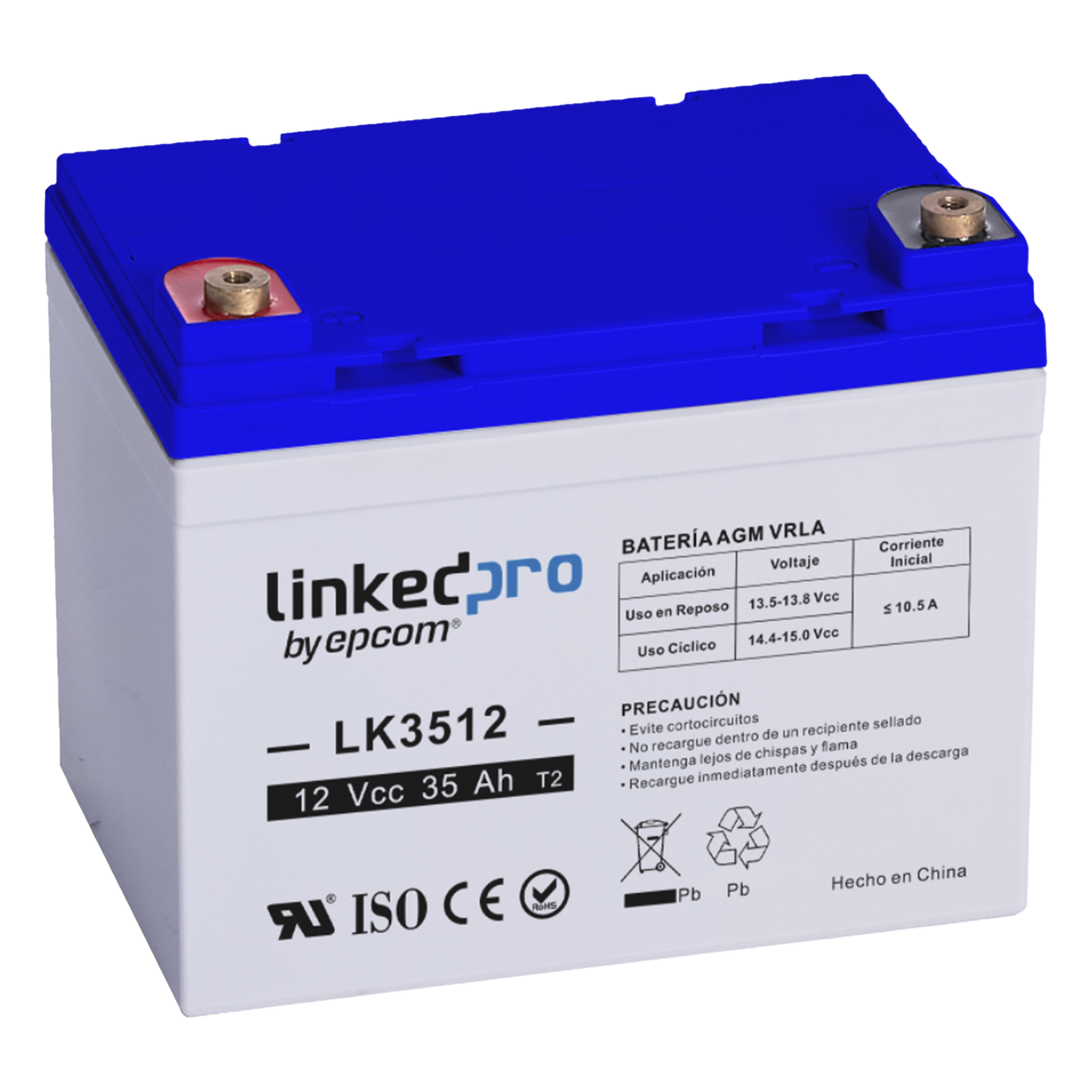 Batería de respaldo 12 V | 35 Ah | AGM | Especial para Seguridad Electrónica | UPS | Vida útil 5 años | Terminales T1 — LINKEDPRO BY EPCOM · SKU LK3512