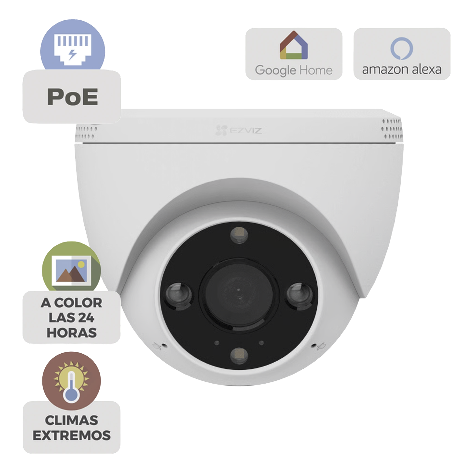 Cámara IP Domo PoE / Resolución 2K 3 Megapixel / Visión Nocturna a Color 30 m / Lente 2.8 mm 106° / Detección IA Humano/Vehículo / Audio Bidireccional / Defensa Activa con Luz y Sirena / IP67 — EZVIZ · SKU CSH4/POE