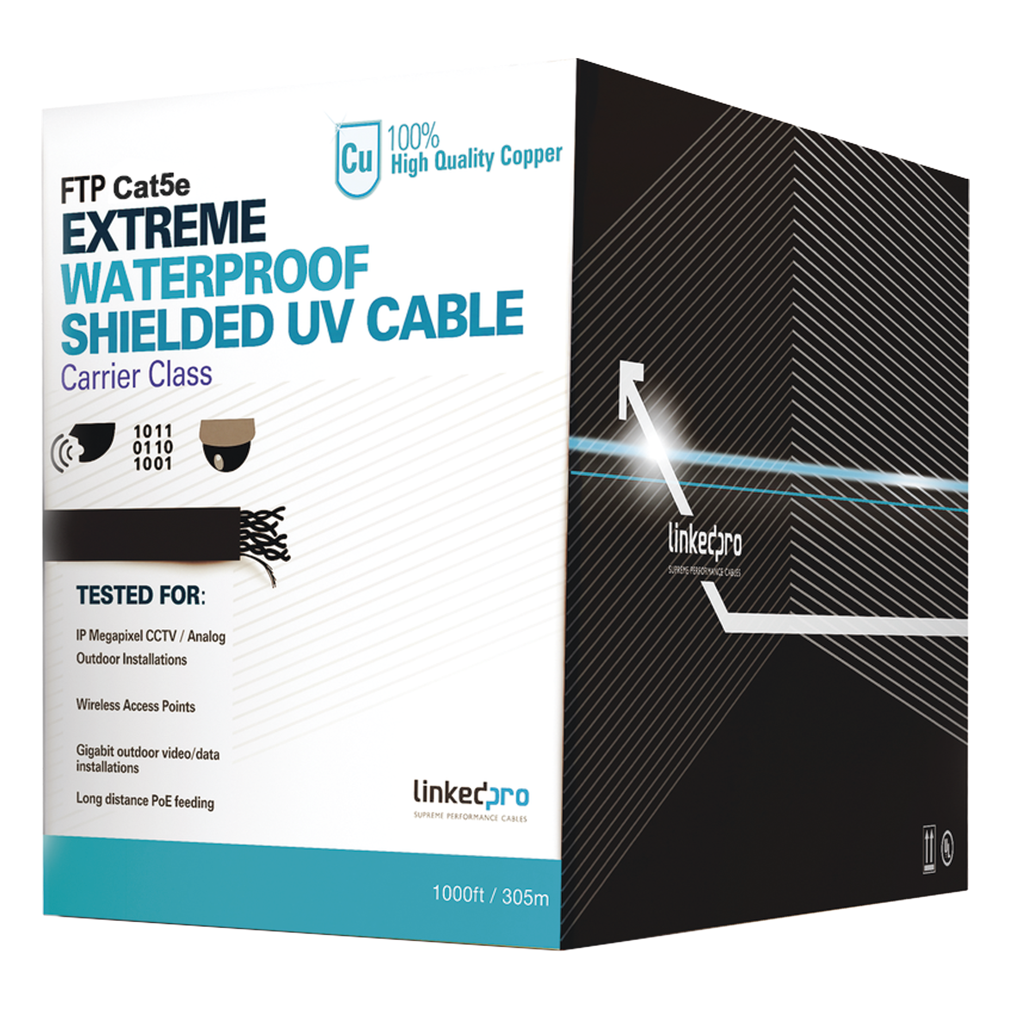 Cable UTP Categoría 5e para Exterior / 24AWG 4 Pares / Conductor Cobre Desnudo / Cubierta LDPE Negra Resistente a Rayos UV / Relleno Anti-Humedad PE Tap Compound / Soporte PoE IEEE 802.3at y Gigabit Ethernet / 1000 ft (304.8 m) — LINKEDPRO BY EPCOM · SKU PRO-CAT5-EXT-LITE