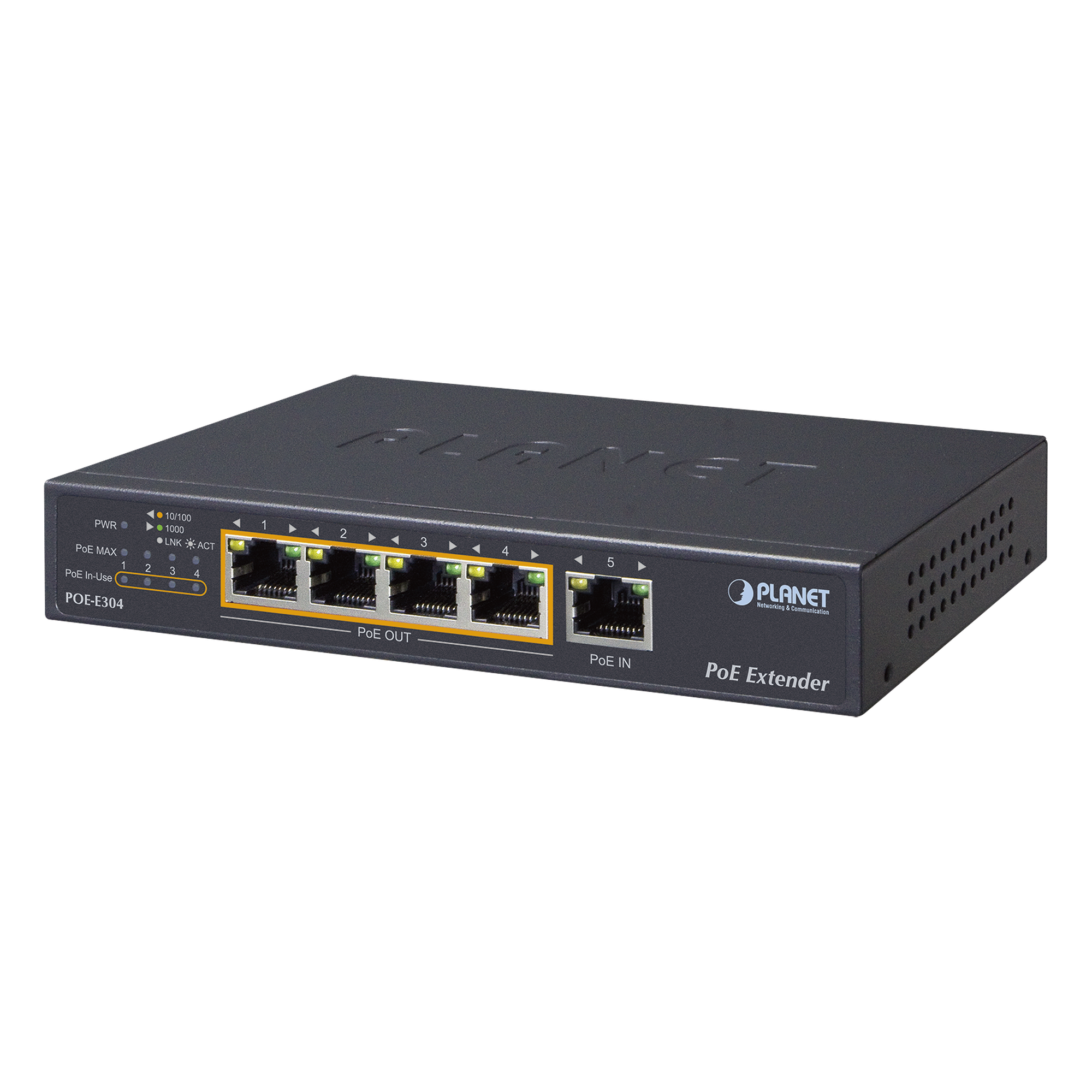 Extensor Ultra PoE de 65 Watts Con 4 Puertos Gigabit de Salida 802.3 af/at — PLANET · SKU POE-E304