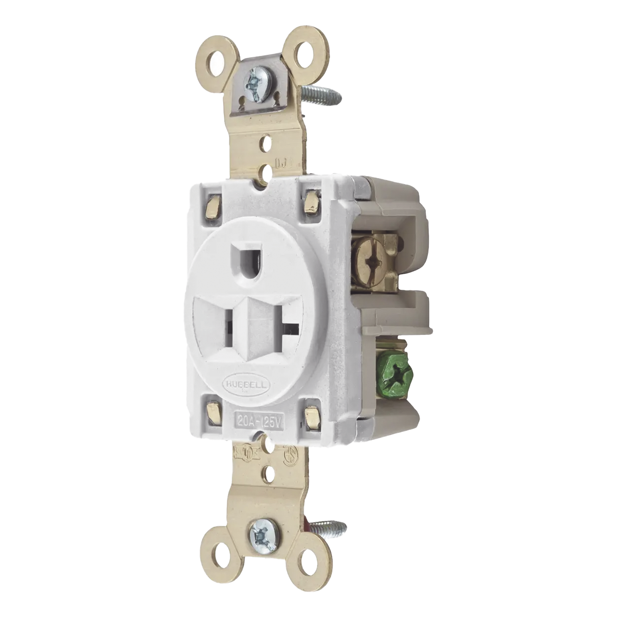 Contacto Sencillo / 20 A / 125 V / 2 Polos 3 Hilos / NEMA 5-20R / Grado Industrial / 1.19 x 3.28 x 1.63 in (30.22 x 83.31 x 41.40 mm) — HUBBELL · SKU HUB-HBL-5361-W