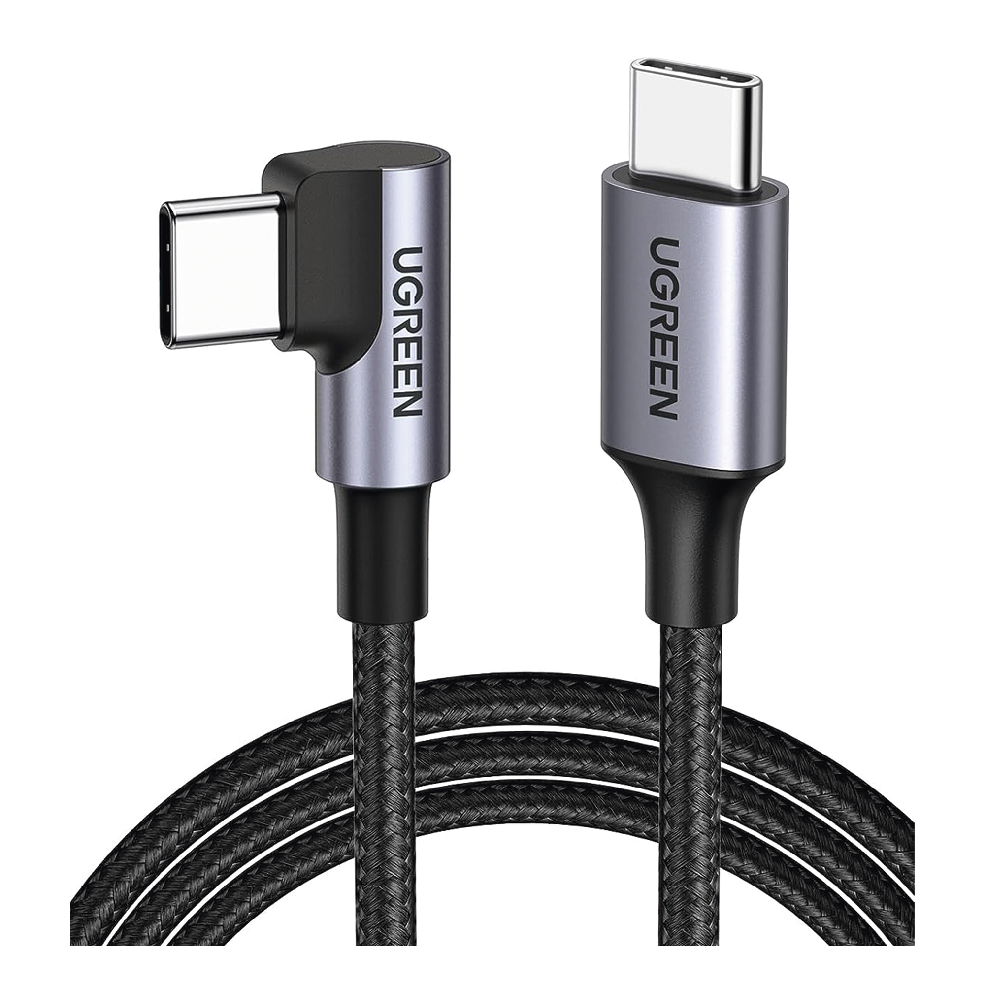 Cable USB-C a USB-C | 1 Metro (3.28 Pies) | Conector con Ángulo Recto de 90° | Carga Rápida de hasta 60W | 480 Mbps | PD3.0 | QC4.0/3.0/2.0 | FPC | AFC | Protección Integrada | Caja de Aluminio | Nylon Trenzado | Color Negro — UGREEN · SKU 50123