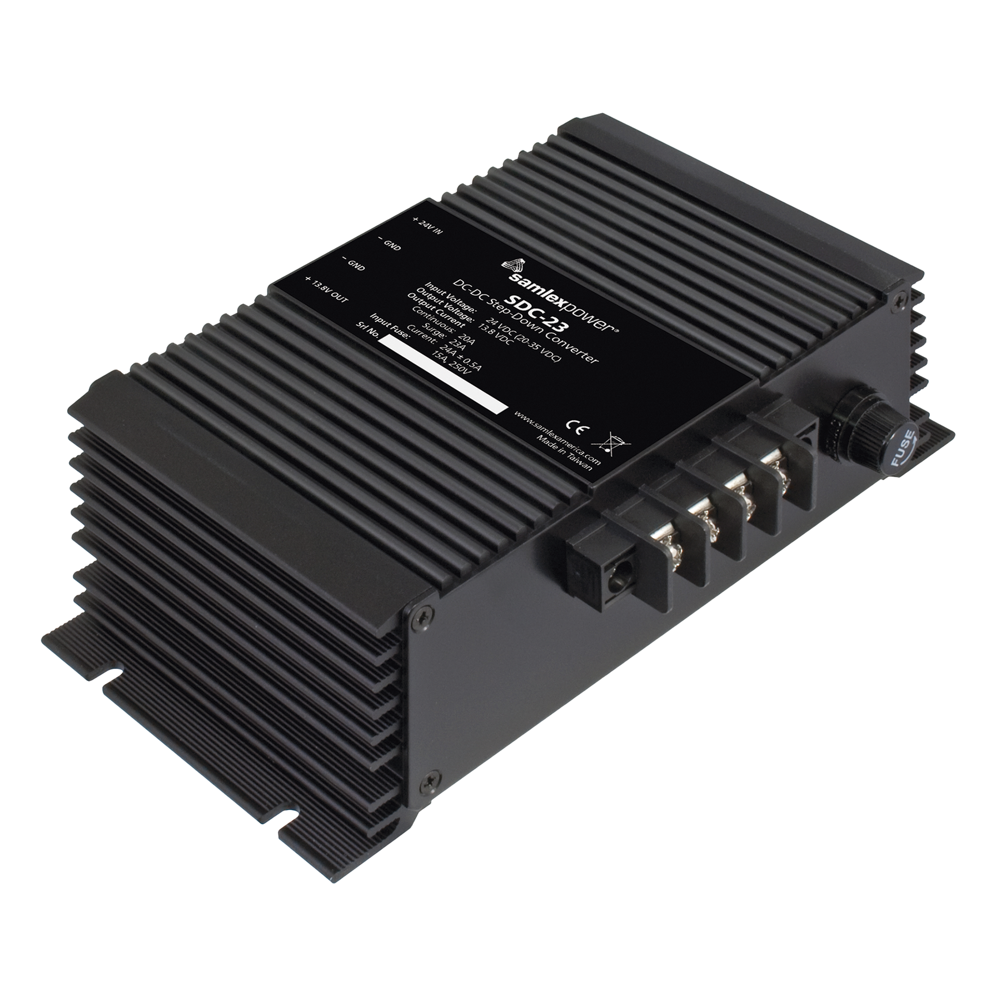 Convertidor de CD-CD, Entrada 20-35 Vcc, Salida: 13.8 Vcc 20 Amp Continuos — SAMLEX · SKU SDC-23