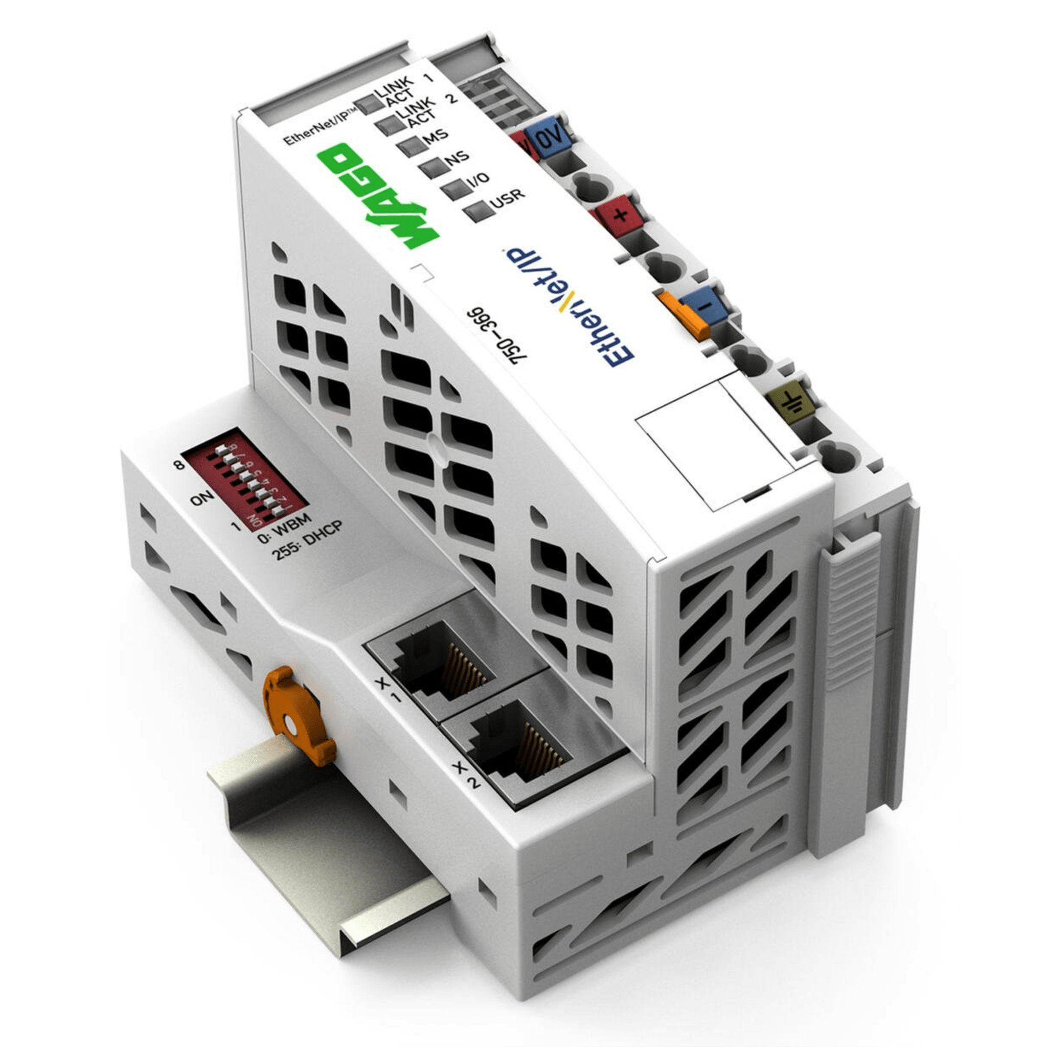 Acoplador de Bus de Campo EtherNet/IP / 4ª Generación / Protocolo DLR / 10-100 Mbit/s / 250 Módulos Máx. / IP20 / Montaje Carril DIN — WAGO · SKU 750-366