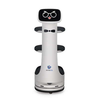 Robot de Entrega Dinerbot T8 / Compacto 38.4x46.8x111.1 cm (15.1x18.4x43.7 in) / Velocidad 1.0 m/s / Pantalla Táctil 10.1" / 3 Capas / Capacidad 20 kg (44 lbs) / Batería 15-18 Horas — KEENON · SKU T8LS