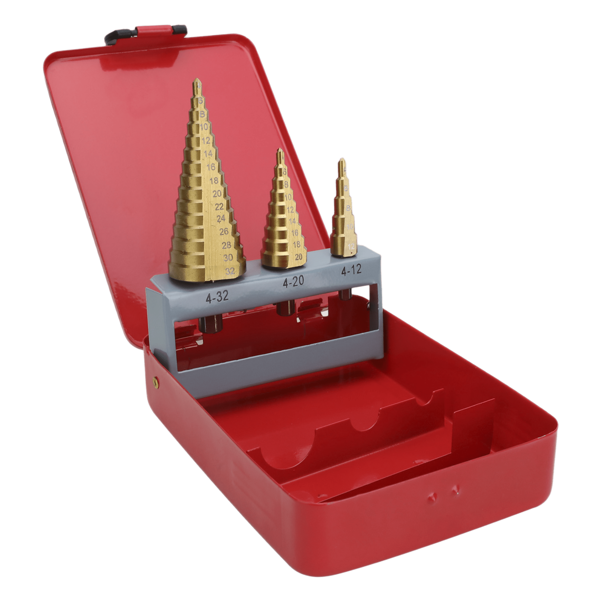 Juego de 3 Brocas Escalonadas HSS 4-12, 4-20, 4-32 mm (Para Plástico o Metal).  — PRECISION · SKU PST-C020-02