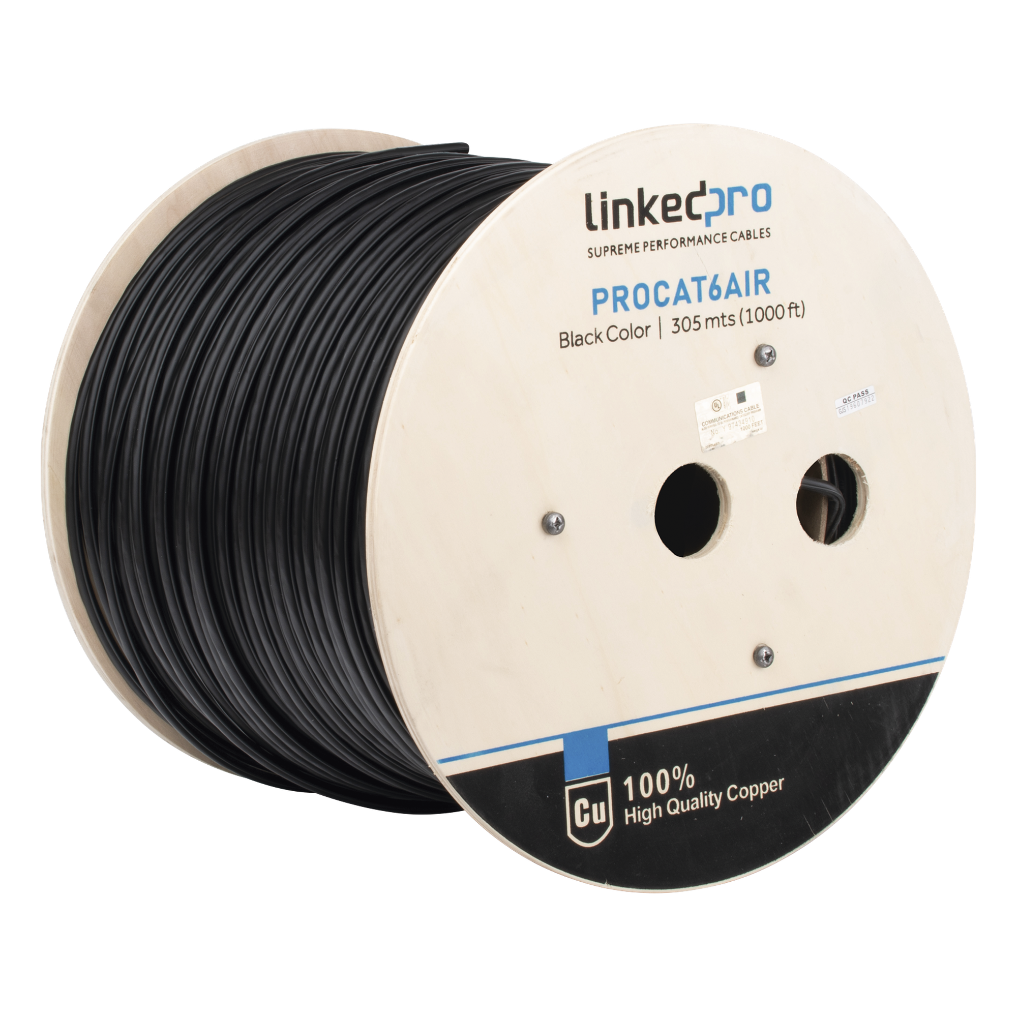 Bobina de Cable FTP con Mensajero de Acero de 305 Metros (1000 Pies) Cat6+ Calibre 23, Color Negro, para Aplicaciones en Video Vigilancia y Redes de Datos / Uso en Intemperie y Aplicaciones Aéreas