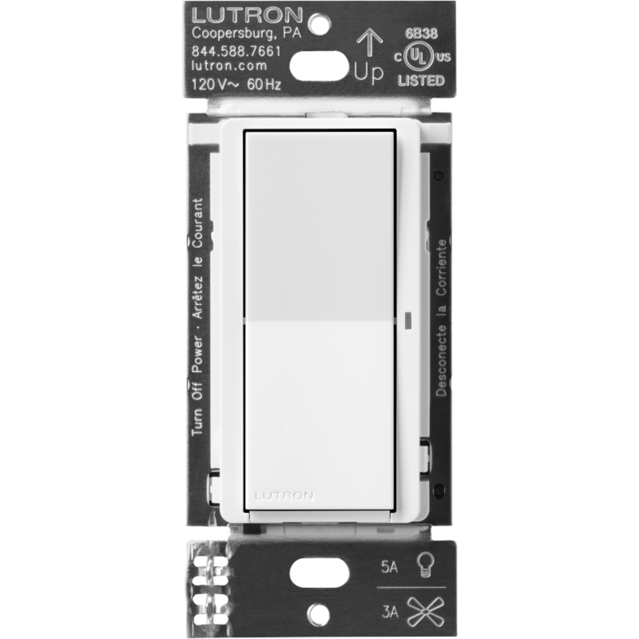 Interruptor de pared inteligente Claro on/off, 120 V con neutro, 5 A en LED y 600 W incandescente, funciona con control Pico y Smart Hub Caseta Wireless, color blanco — LUTRON CASETA WIRELESS · SKU DVRF5NSWH