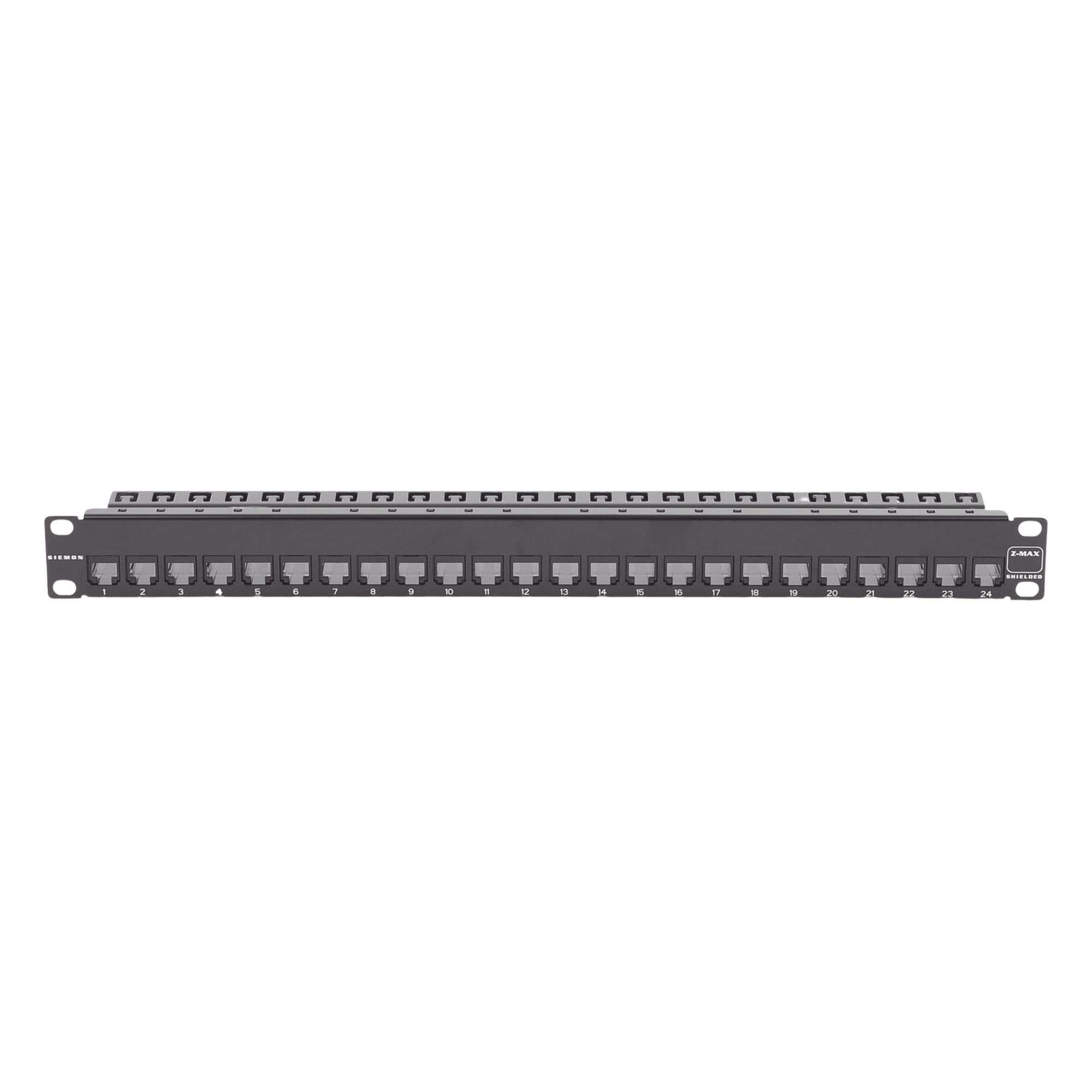 Patch Panel Z-Max de 24 Puertos, Blindado, Precargado con Jacks Categoría 6A, Plano, 1UR — SIEMON · SKU Z6AS-PNL-24K