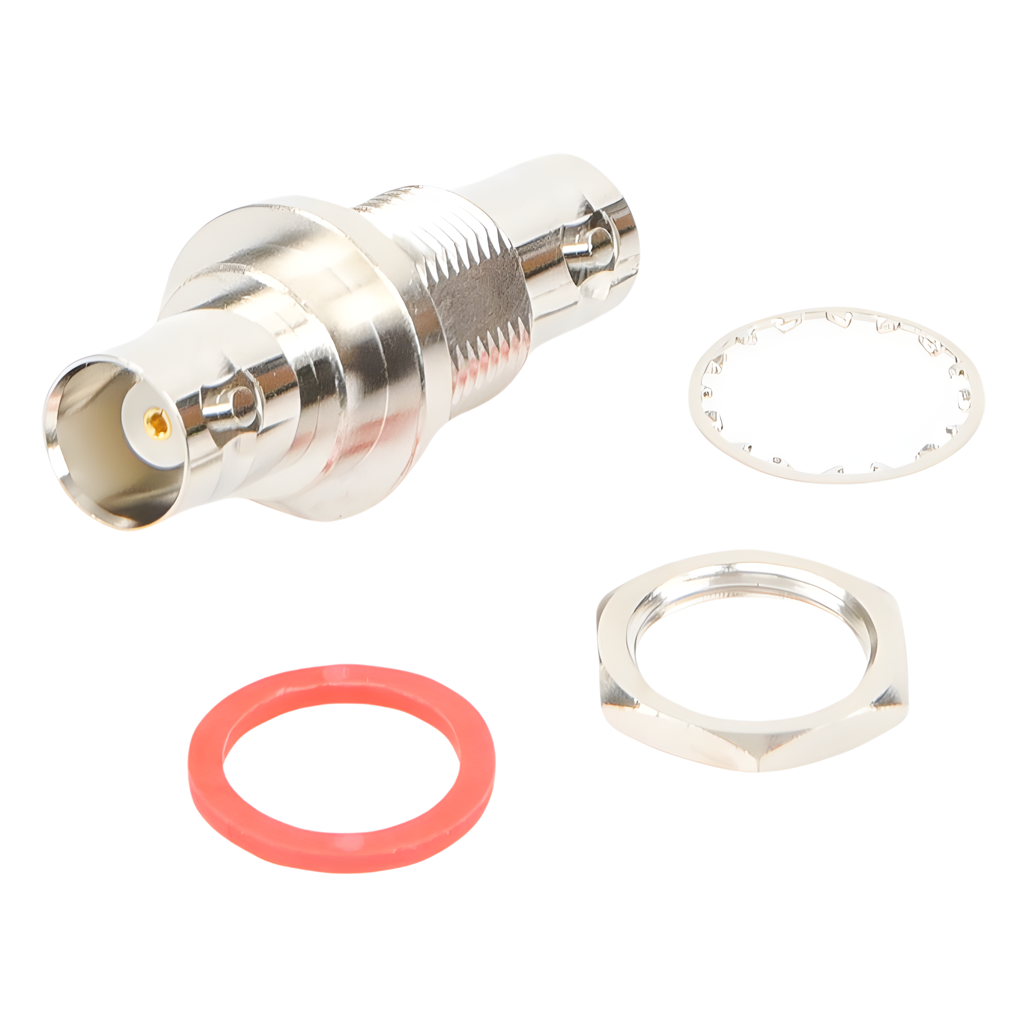 Adaptador Doble BNC Hembra para Chasis, Hermético y de Montaje en D-Plano, Níquel/ Oro/ Delrin. — RF INDUSTRIES,LTD · SKU RFB-1135