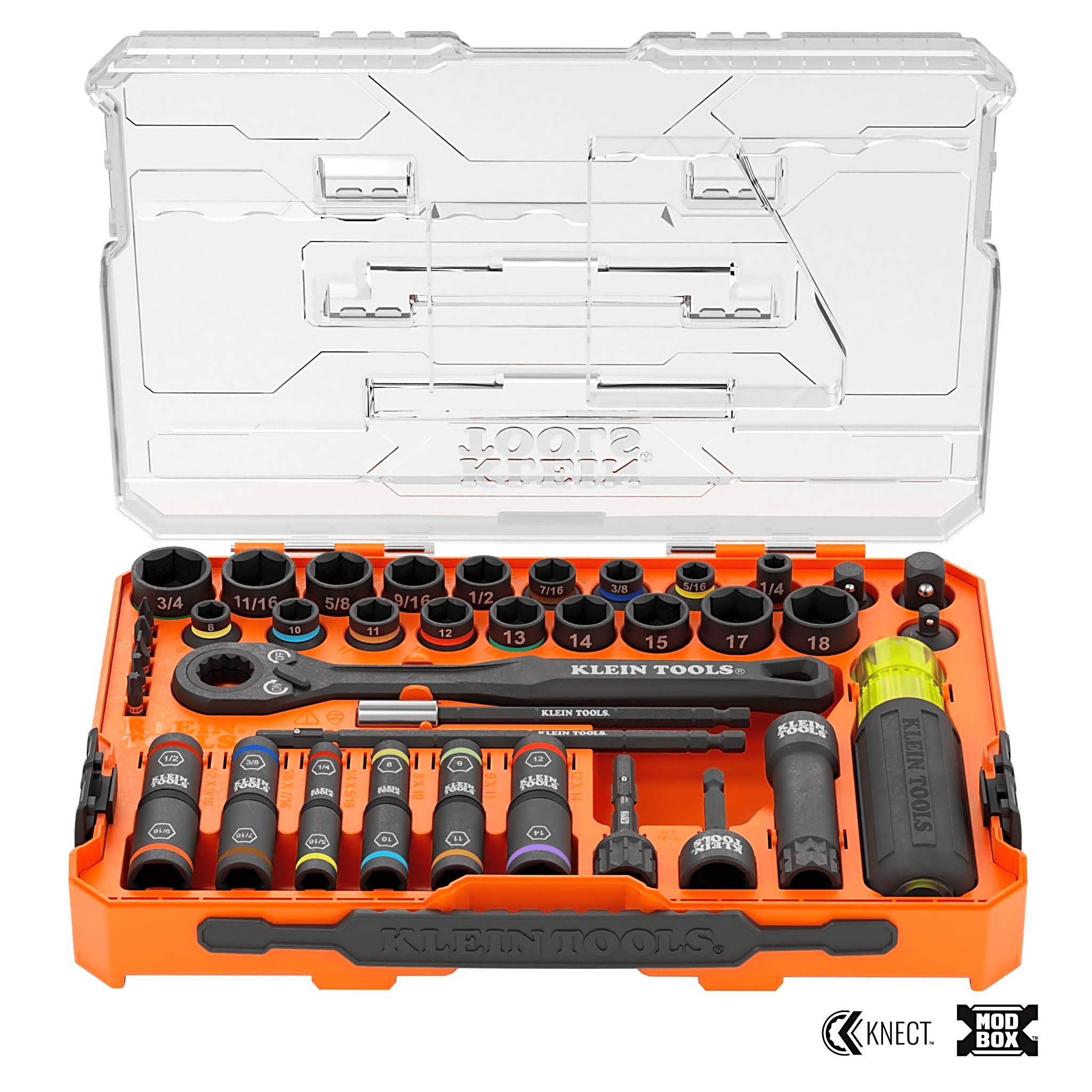 Juego de Dados de Impacto Paso a Través / Sistema KNECT / Compatible con el Sistema de Almacenamiento (ModBox) / 39 Piezas / Sistema SAE y Métrico. — KLEIN TOOLS · SKU 65500-KNECT