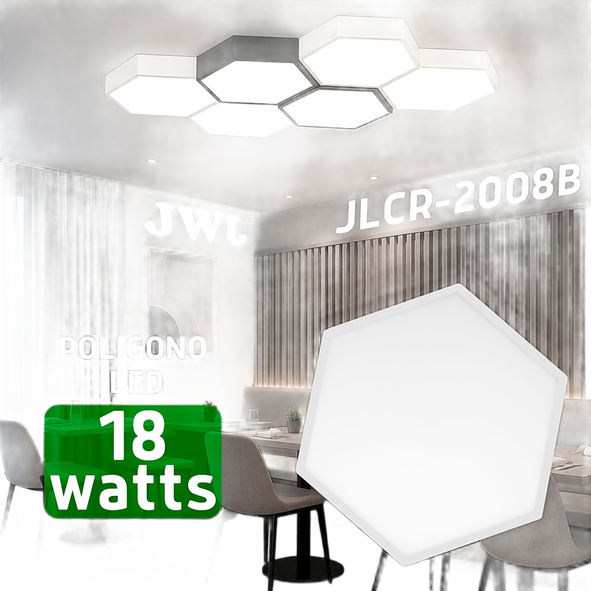 Lámpara LED Poligonal / 18 W / 1 800 lm / 6 500 K / 140° / Montaje Sobreponer o Suspendido / 85-265V~ 50/60 Hz