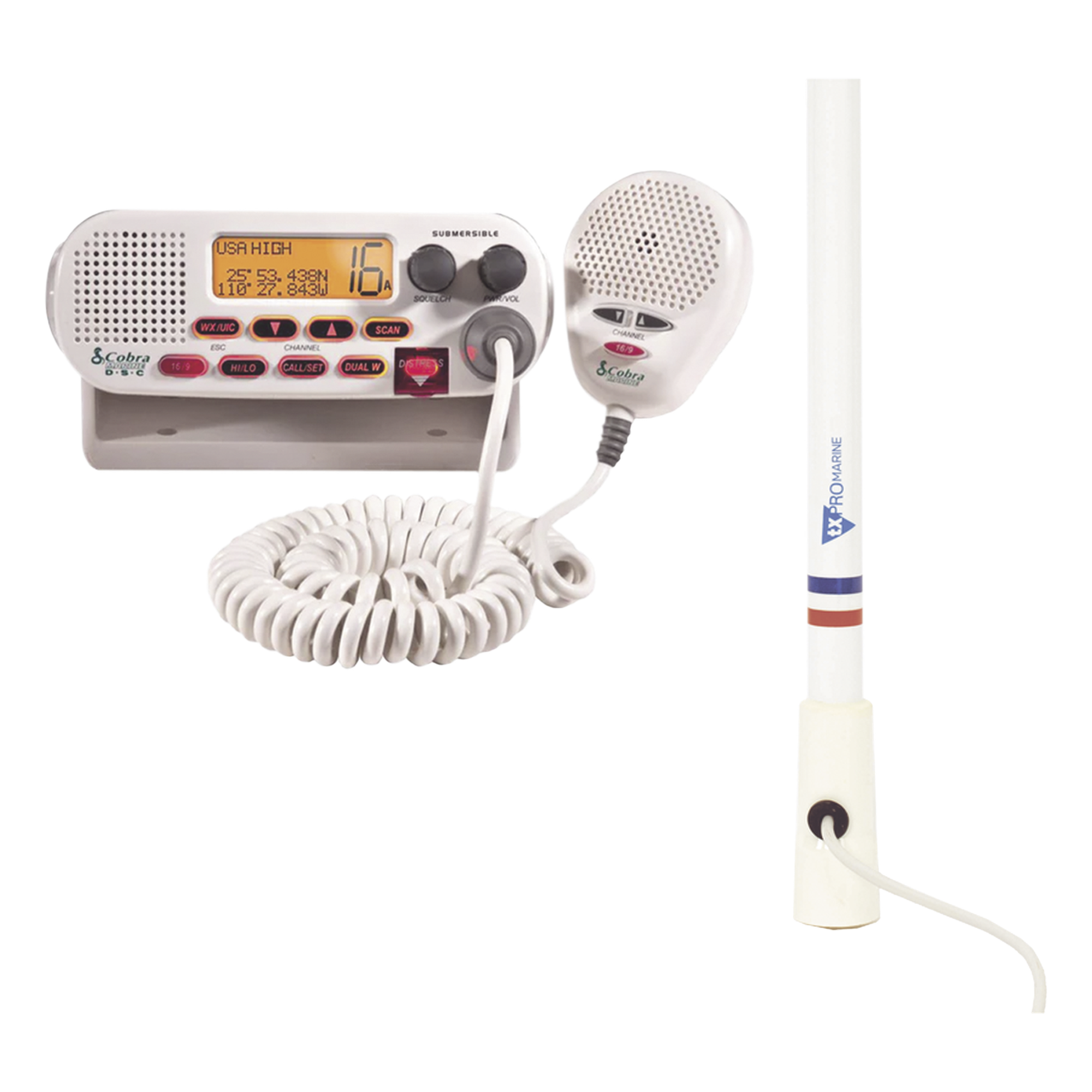 Kit de radio MRF45D | mas antena marina de fibra de vidrio TX-5206-SYS y soporte para antena 4186 — COBRA · SKU MRF45D/KIT5206