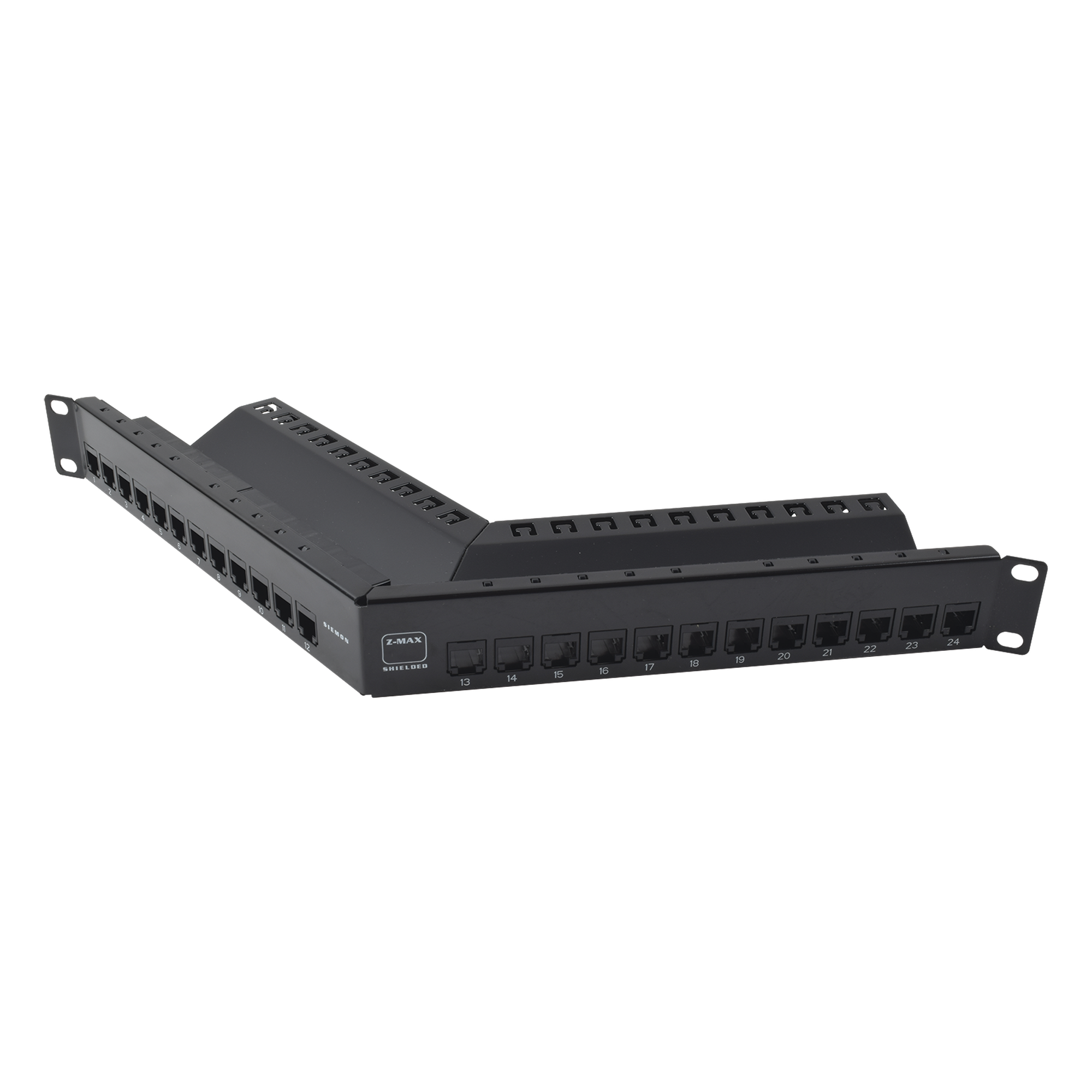 Patch Panel Z-MAX de 24 Puertos, Blindado, Precargado con Jacks Categoría 6A, Angulado, 1UR
