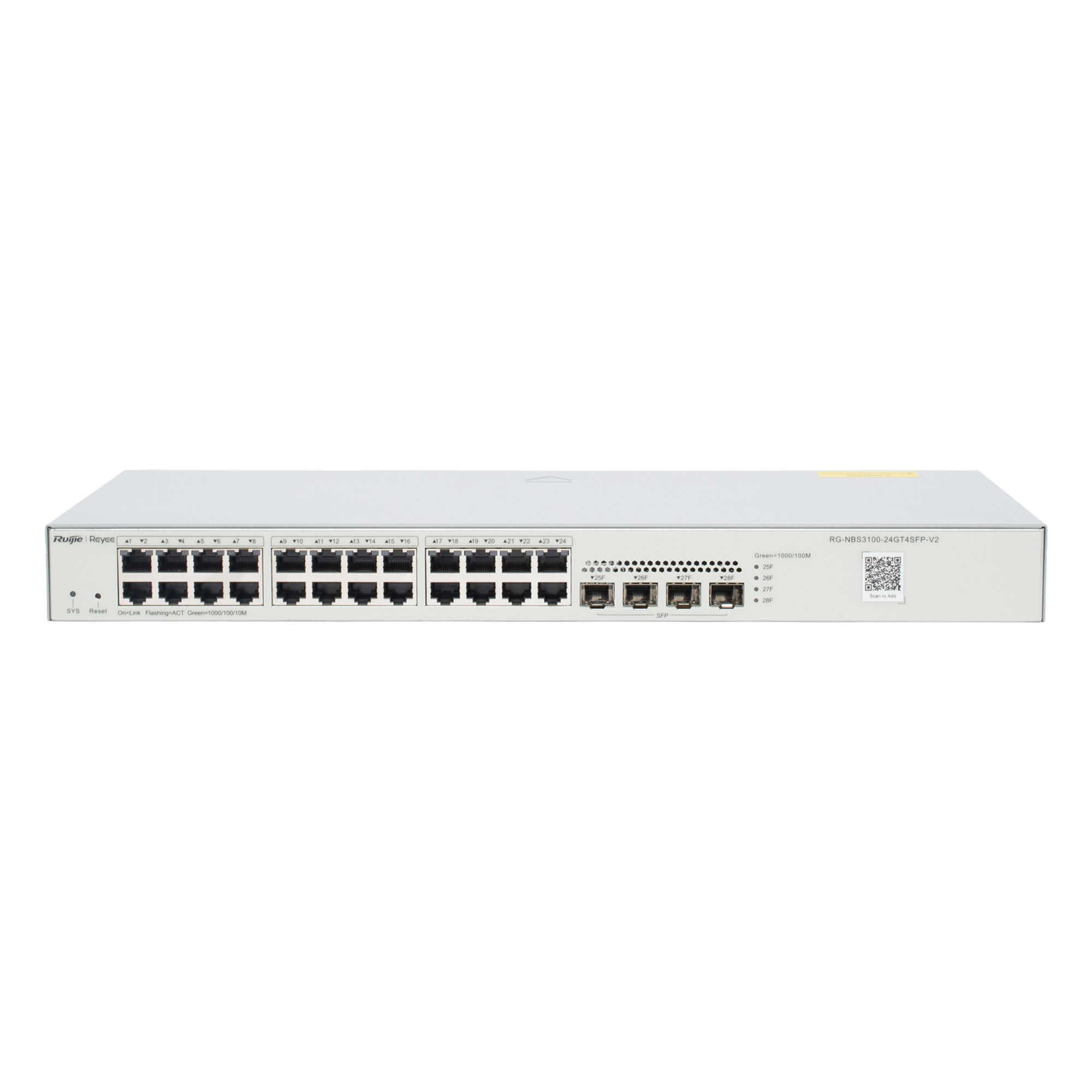 Switch Administrable L2, 24 Puertos Eth 1G, 4 puertos SFP 1G, Administración Remota en la Nube. — RUIJIE · SKU RG-NBS3100-24GT4SFP-V2