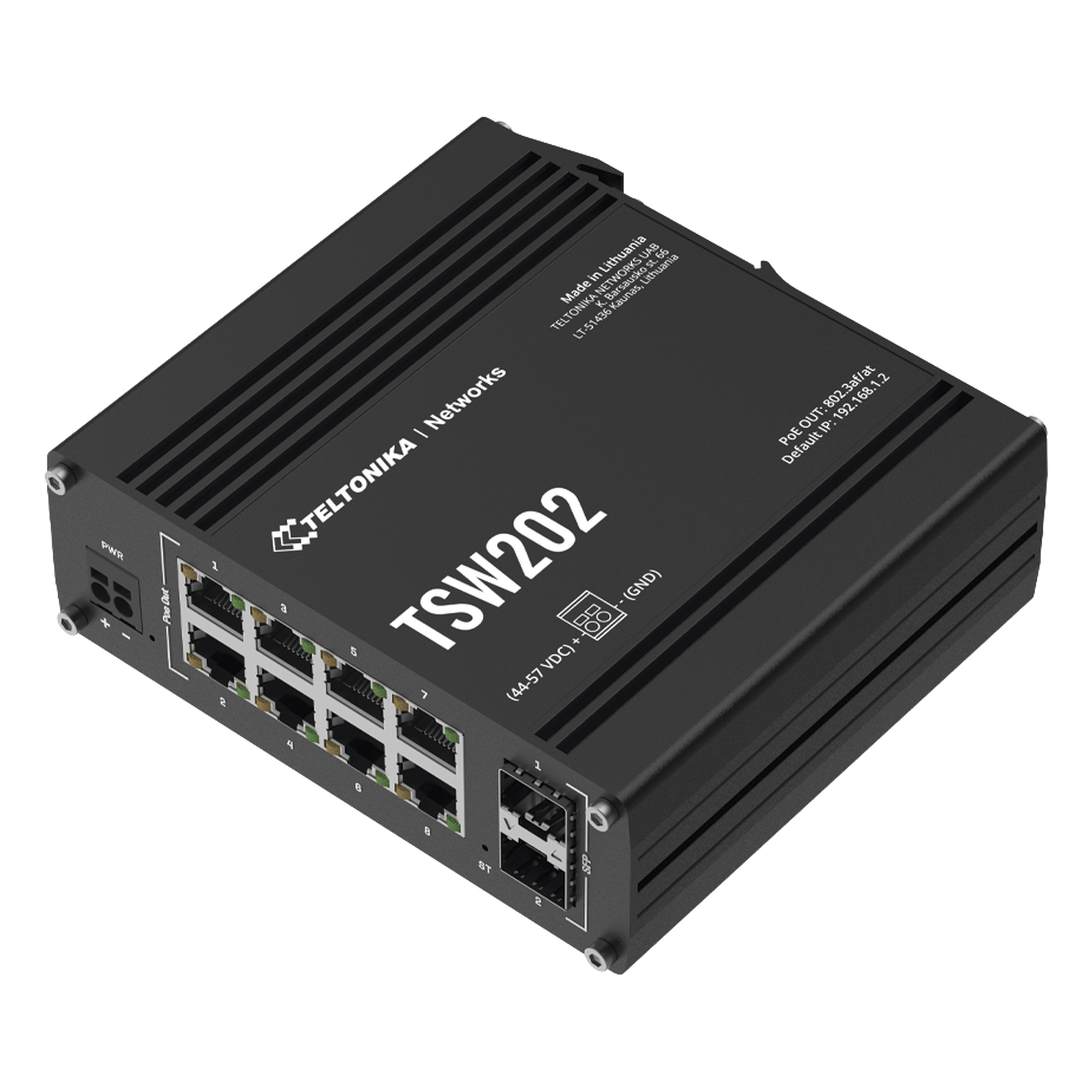Switch Industrial Administrable L2, 8 puertos PoE 802.3af/at, Soporta Profinet — TELTONIKA · SKU TSW202