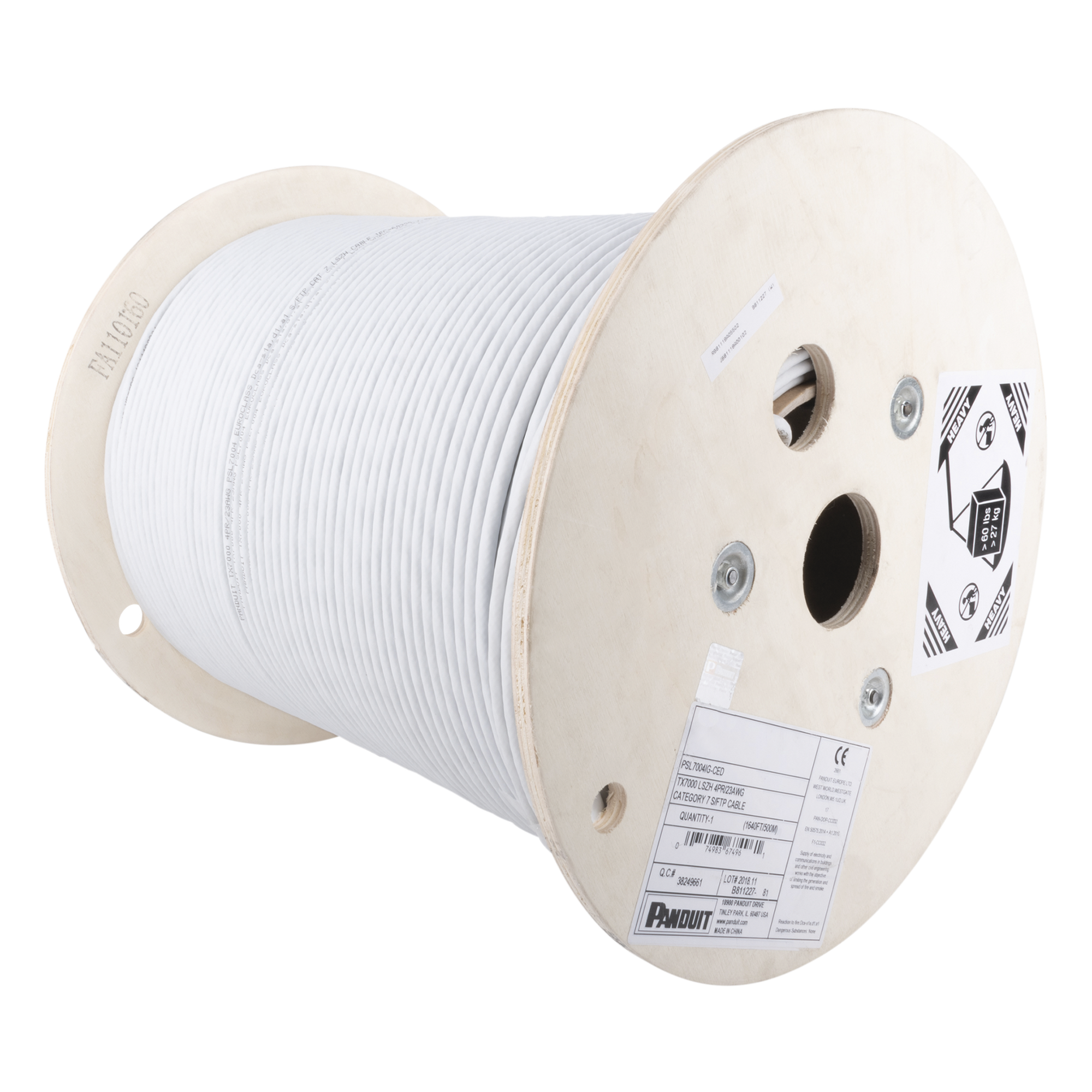 Bobina de Cable Blindado S/FTP de 4 Pares, Cat7, Inmune a Ruido e Interferencias, LSZH (Bajo Humo, Cero Halógenos), Color Gris, Bobina de 500 Metros (1640 Pies) — PANDUIT · SKU PSL7004IG-CED
