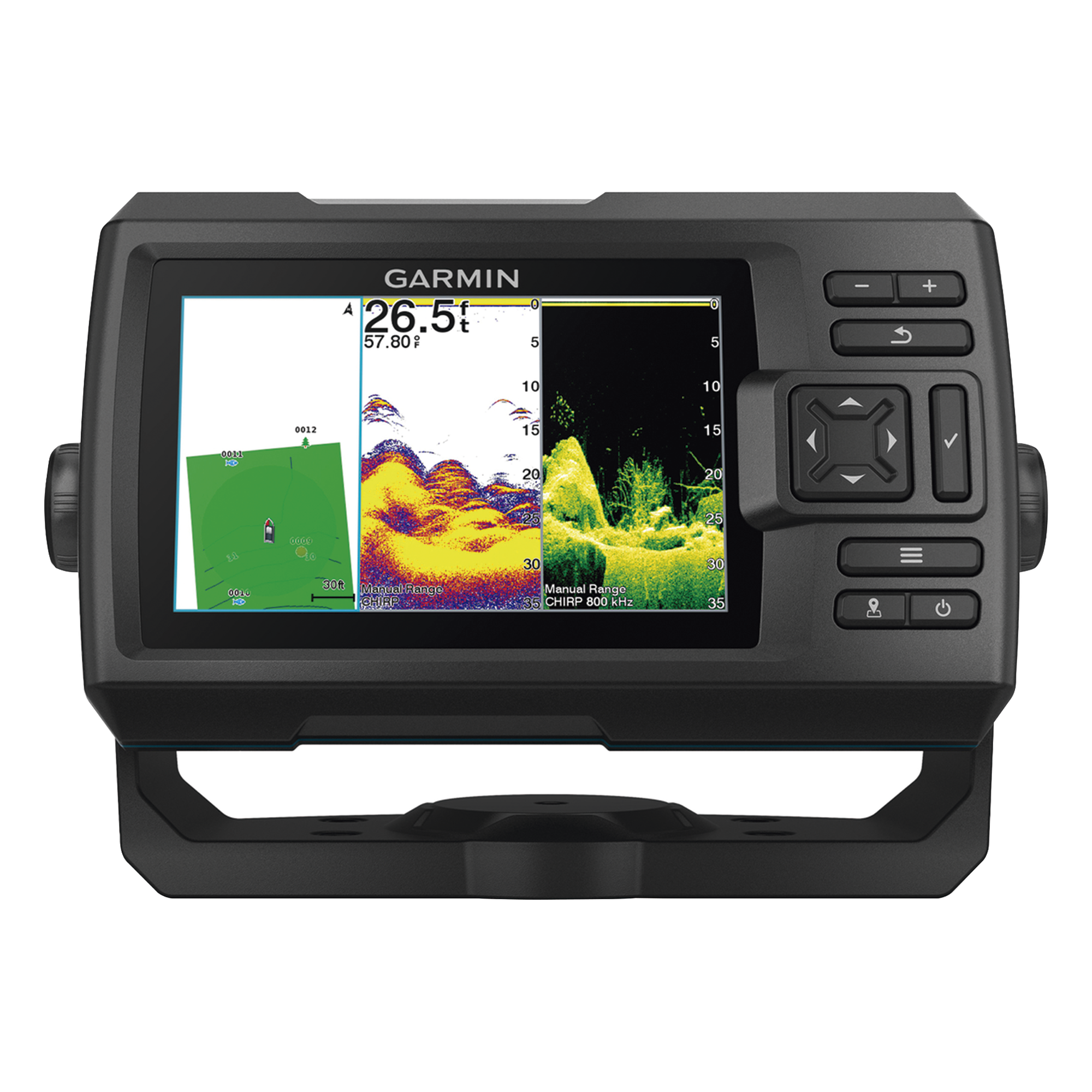 Fishfinder STRIKER™ Vivid 5cv / Pantalla WVGA a Color 5.0" / Resolución 800x480 píxeles / Receptor GPS Integrado / Sonda Tradicional Frecuencia Dual / ClearVü / Potencia de Transmisión 500 W (RMS) / IPX7 / Quickdraw Co — GARMIN · SKU 10-02551-01