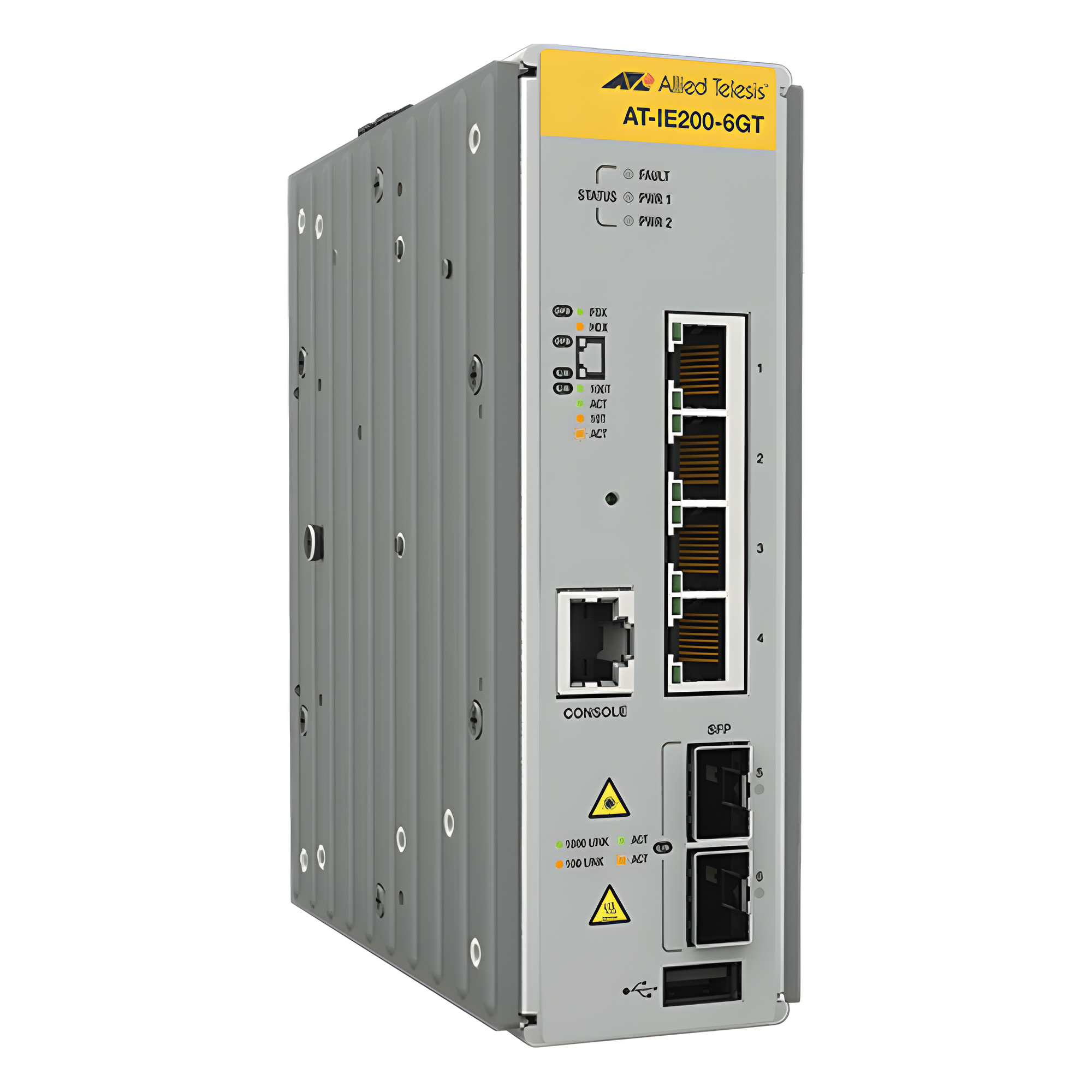 Switch Industrial Administrable Capa 2 de 4 Puertos 10/100/1000 Mbps + 2 Puertos SFP — ALLIED TELESIS · SKU AT-IE200-6GT-80