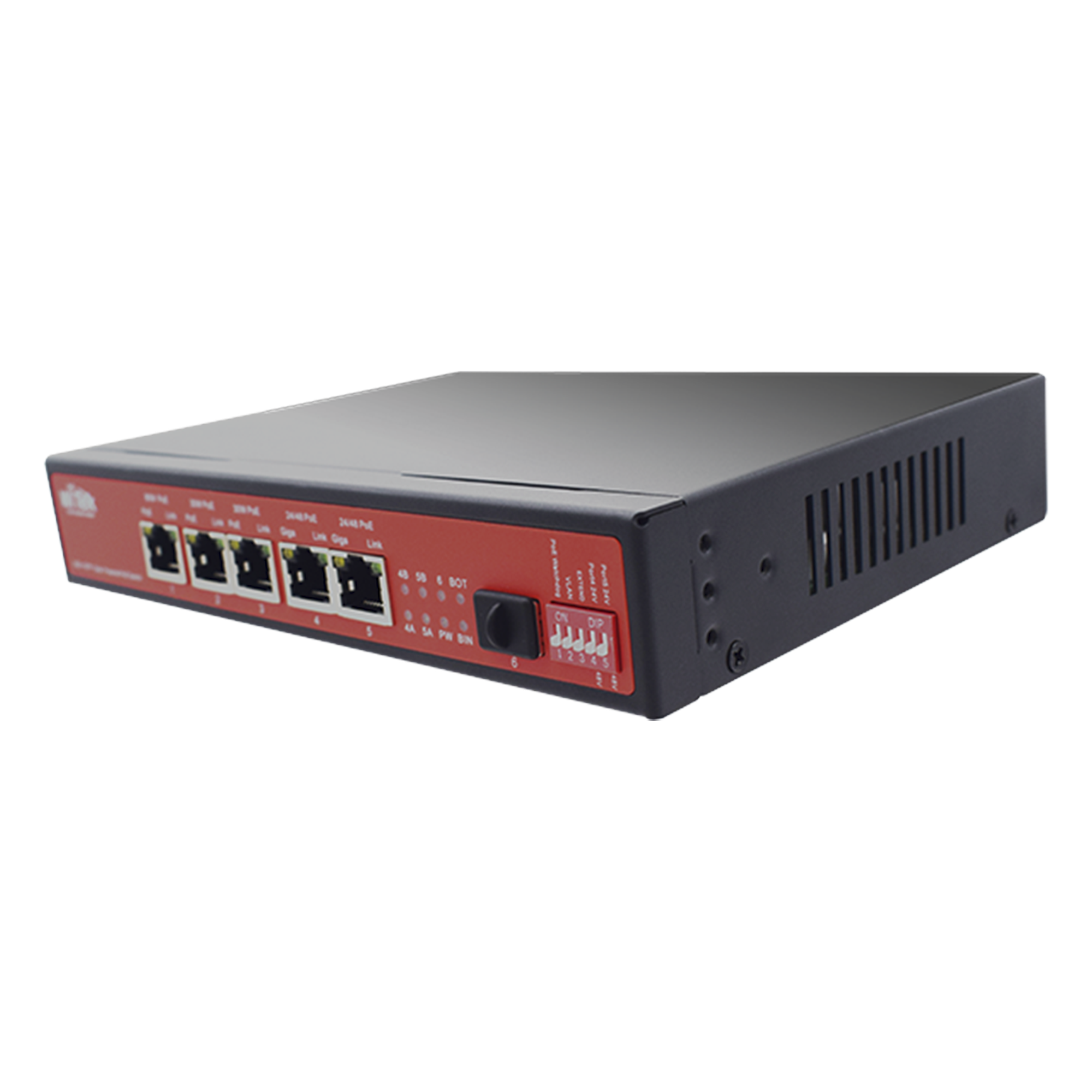 Controlador Solar con Switch PoE Industrial / 1 Puerto 802.3bt 90W / 2 Puertos 802.3af/at 30W / 2 Puertos PoE Pasivo 24/48 Vcc 24W / Puerto SFP / 15A / Entrada 45 Vcc — WI-TEK · SKU WI-PS306GF-UPS-15A-V2
