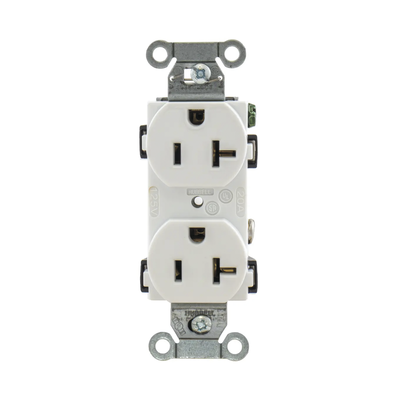 Contacto Dúplex 20 A, 125 V, 2 Polos, 3 Hilos, Cableado Posterior y Lateral, Color Blanco (Nema 5-20R).