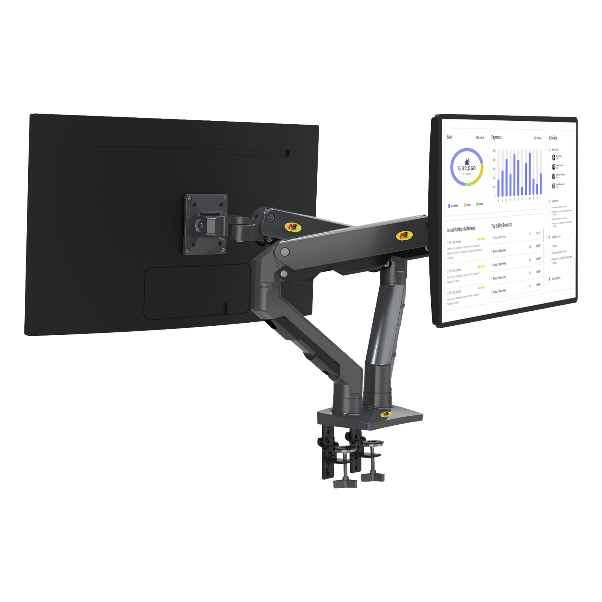 Montaje de Escritorio articulado para 2 monitores de 27-34" / Soporta hasta 16 kg por brazo/ Vesa 75 x 75 / 100 x 100 / Acero / Giro: 360° — NB-EPCOM · SKU G65-NB