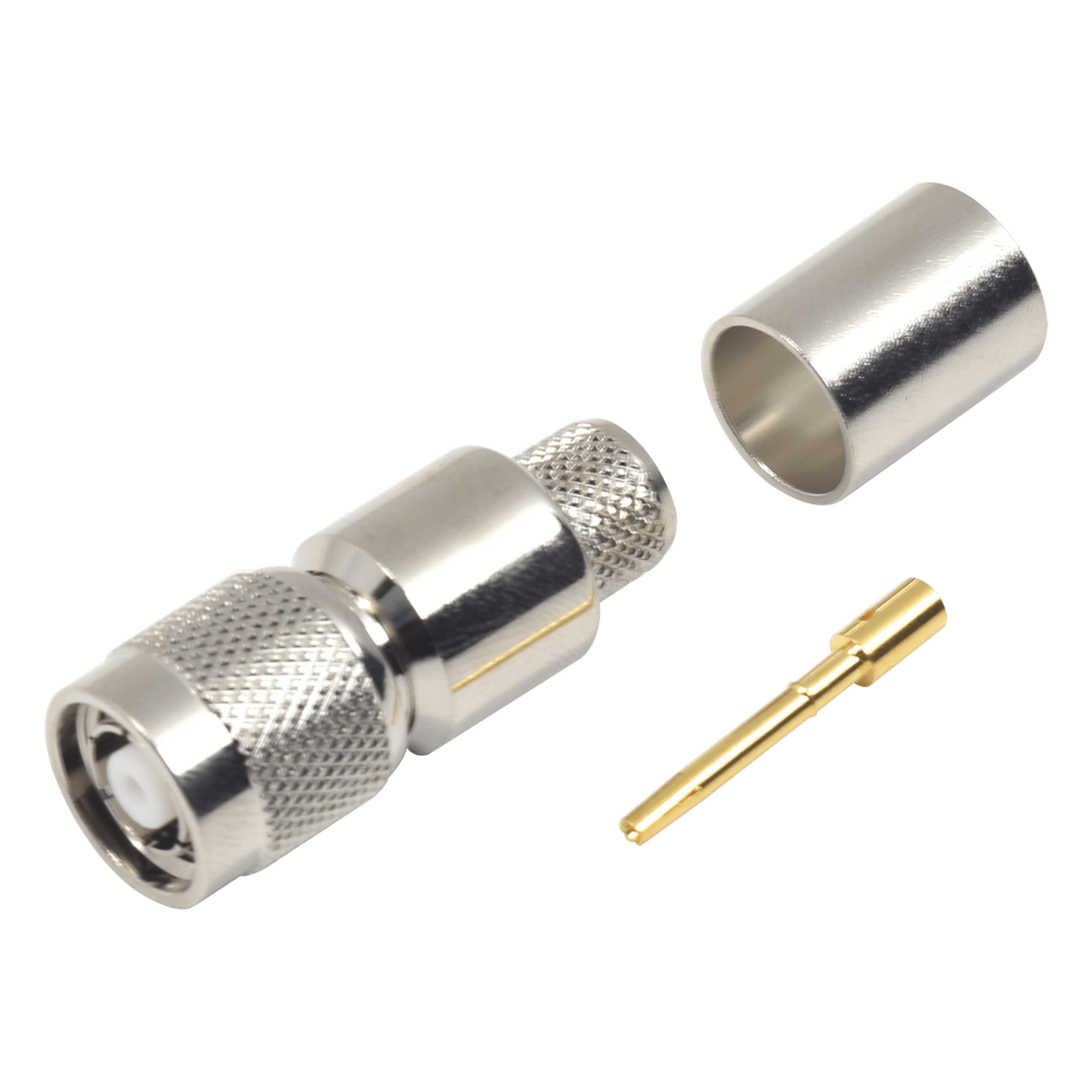 Conector TNC Macho Inverso, Anillo Plegable para ensamblar en cables RG-8/U, LMR-400, Niquel, Oro, Teflón — RF INDUSTRIES,LTD · SKU RP-1202-I