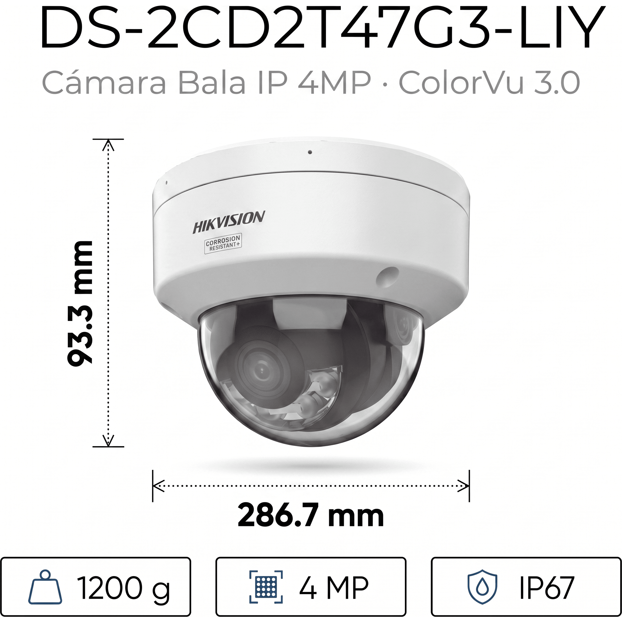 [Dual Light + ColorVu 3.0 + HikAI] Bala IP 4 Megapixel / Lente 4 mm / 60 mts IR + Luz Blanca / Exterior IP67 / WDR 130 dB / ACUSENSE 3.0 / Metal / NEMA 4X / ACUSEEK