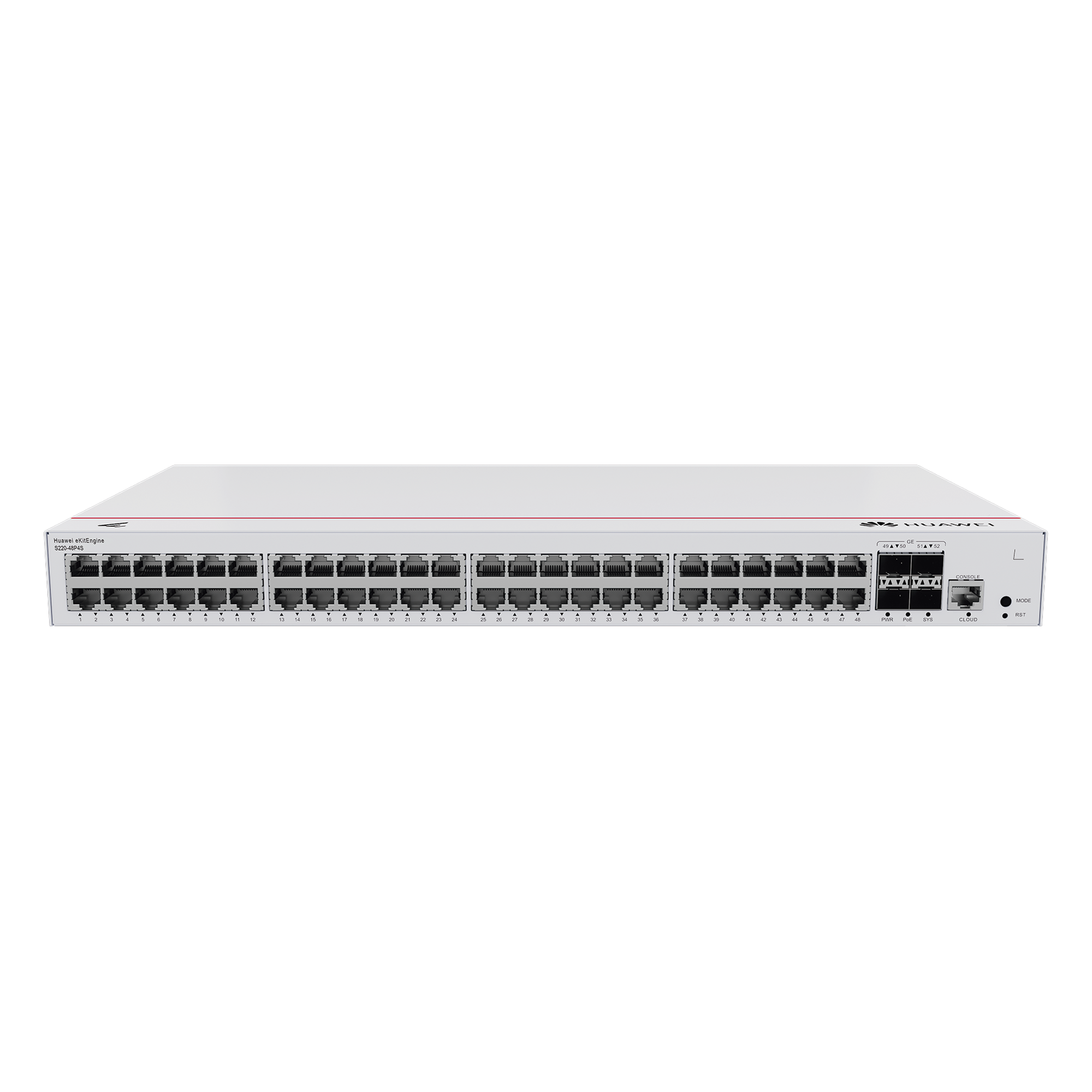 Switch de Acceso Gigabit Administrable PoE Capa 2 / 48 puertos 10/100/1000 Mbps (PoE) / 4 Puertos 1GE SFP Uplink / ERPS / IMGP Snooping / DHCP Snooping / PoE Perpetuo / 380W / Administración Nube Gratis — HUAWEI · SKU S220-48P4S