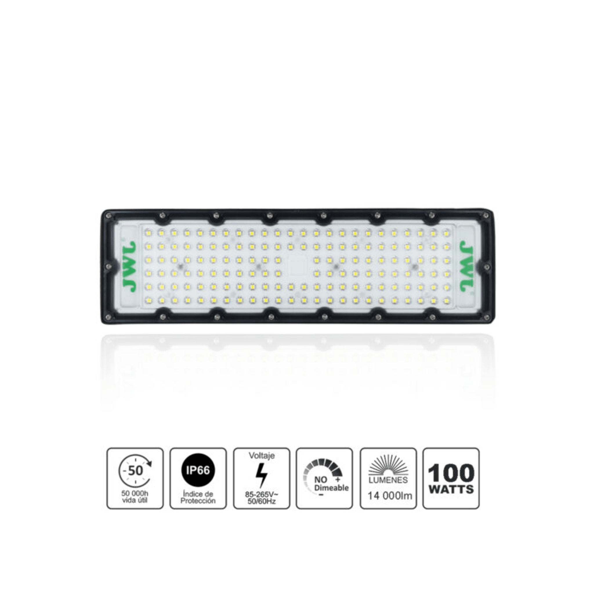 Reflector LED 100 W /350 x 100 mm / 85 - 265 Vca~ 50/60Hz / TCC 6 500 K / Uso en exterior.