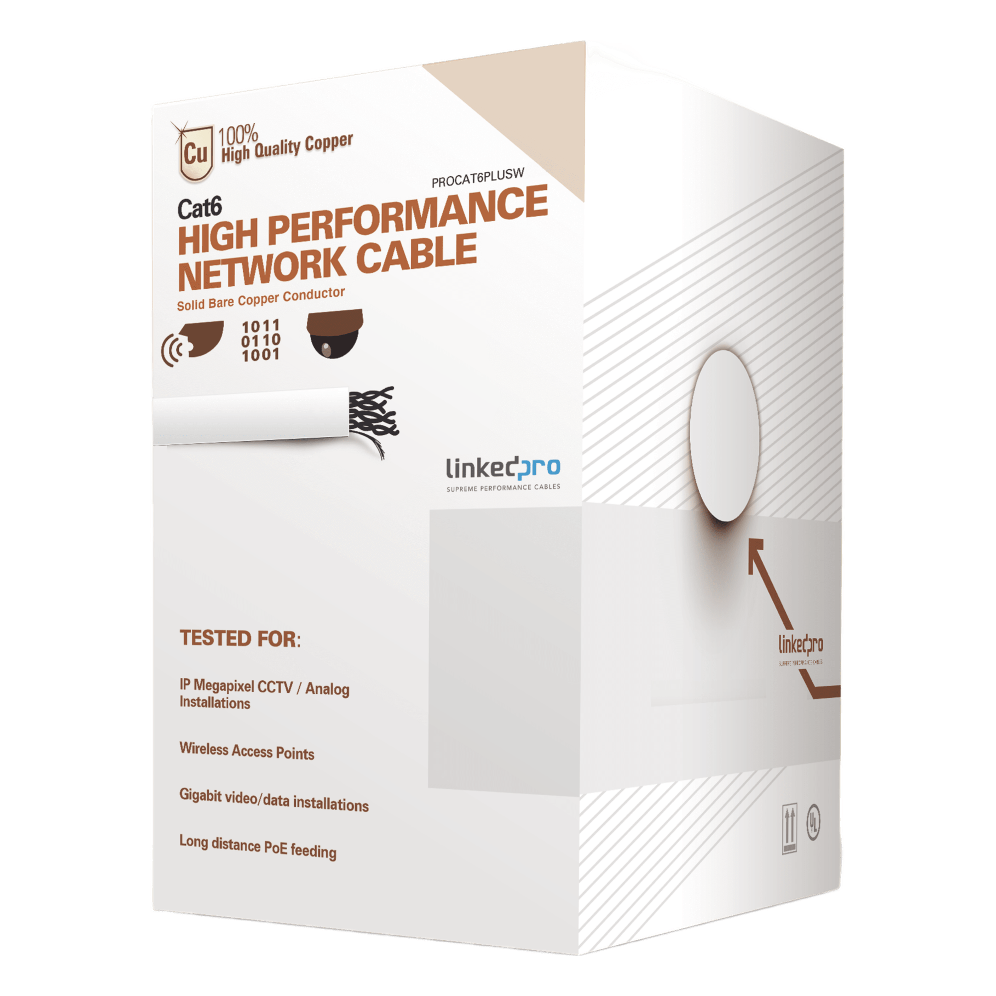 Bobina de Cable de 305 Metros (1000 Pies) de Cable Cat6 de Alto Desempeño, Super Flexible, UL, Cobre, Color Blanco, para Aplicaciones de Video Vigilancia y Redes de Datos — LINKEDPRO BY EPCOM · SKU PRO-CAT-6-PLUSW
