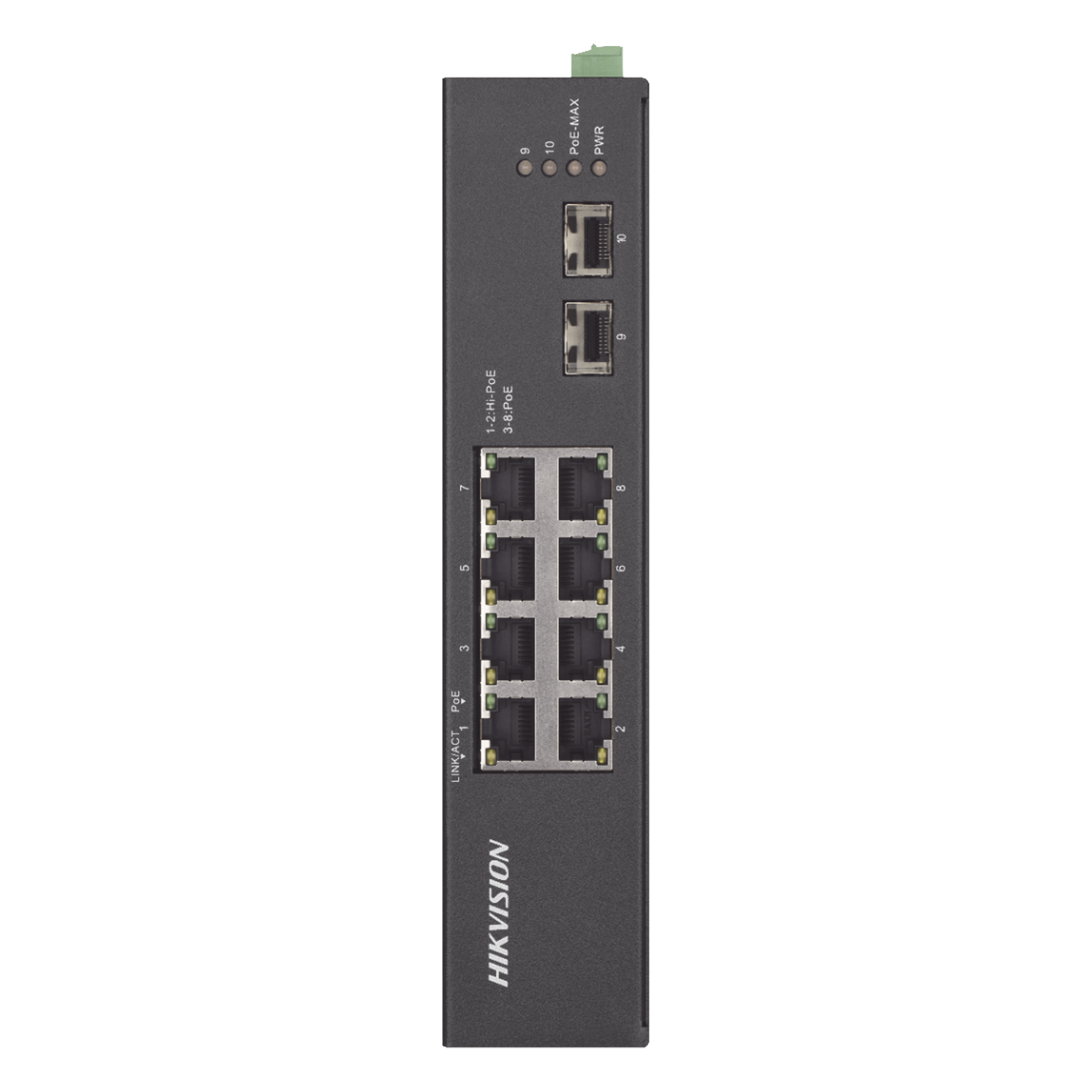 Switch Industrial No Administrable Gigabit / 6 Puertos Gigabit PoE+ (30 W) + 2 Puertos Gigabit PoE++ (60 W) / 2 Puertos SFP / 120 W Total / 48 a 57 VCD / Ideal para Proyectos / 300 Metros de Distancia — HIKVISION · SKU DS-3T0510HP-E/HS
