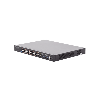 Switch Administrable Stacking Capa 3, 24 Puertos PoE 802.3af/at 10/100/1000T, Hasta 370 W, 4 Puertos 10G SFP+