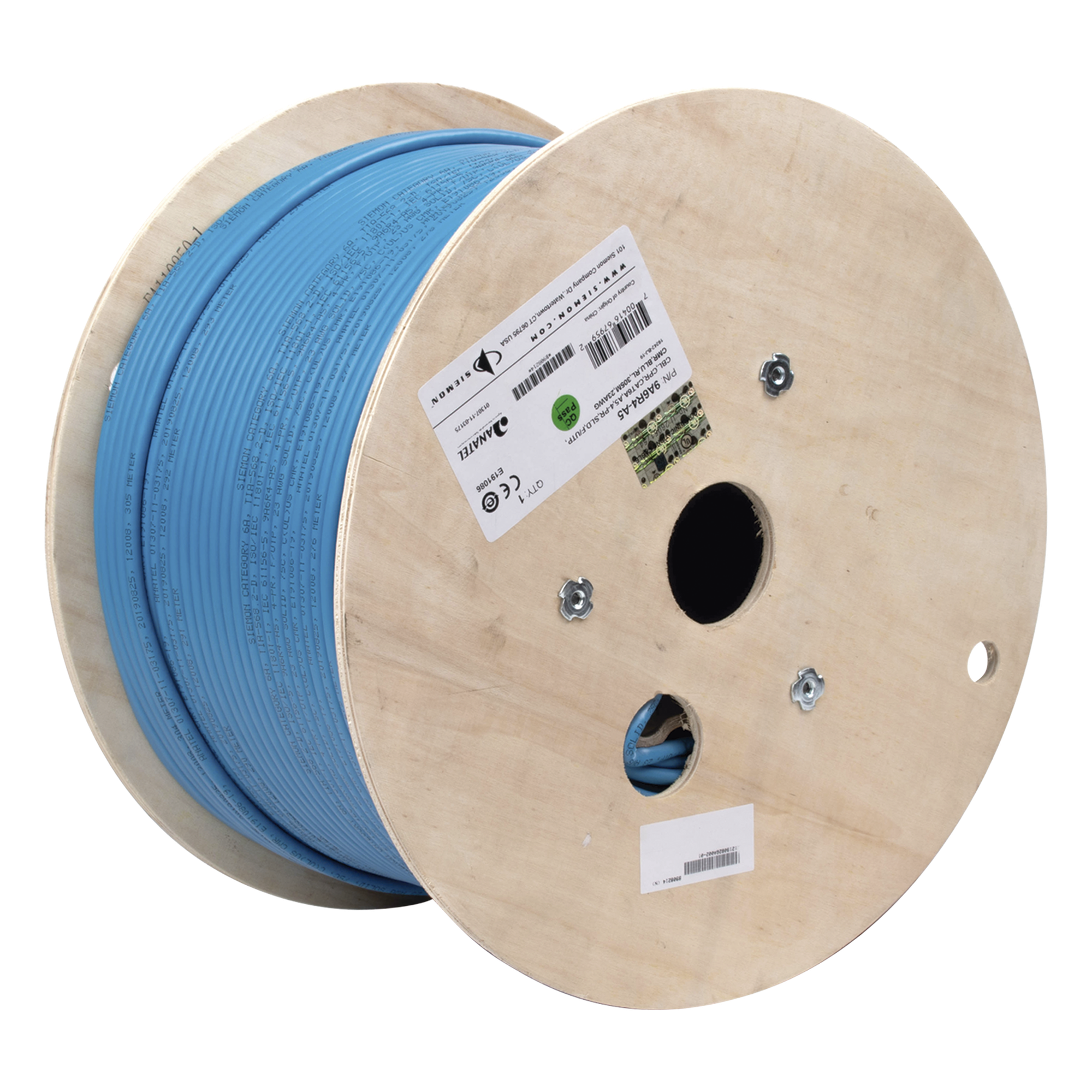 Bobina de Cable Blindado F/UTP de 4 Pares, Z-MAX, Cat6A, Soporte de Aplicaciones 10GBase-T, CMR (Riser), Color Azul, 305 Metros (1000 Pies) — SIEMON · SKU 9A6R4-A5