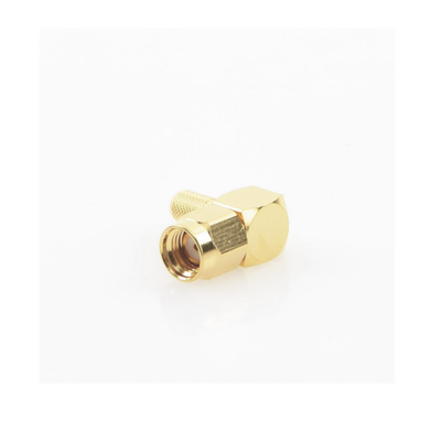 Conector SMA Macho Inverso en Ángulo Recto de Anillo Plegable para Cables RG-58/U, RG-142/U, Oro/ Oro/ Teflón.